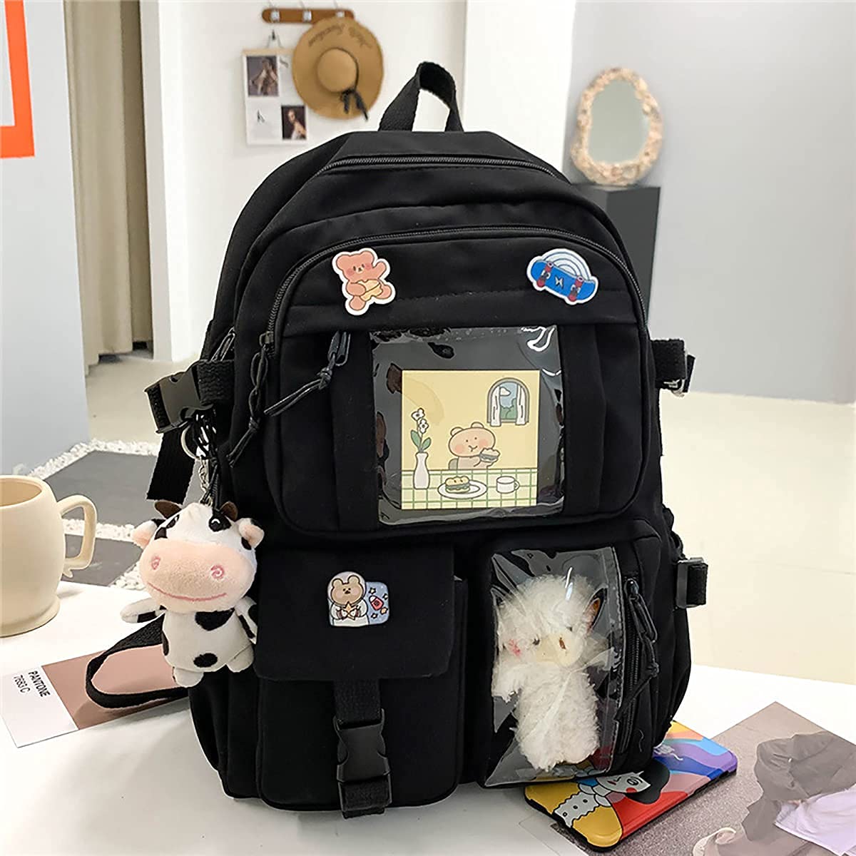 Cute Kawaii Aesthetic Backpack for Women - Lightweight Travel Backpack with Badge Pins & Keychain Pendant - Perfect for School, Work, Travel & Everyday Use