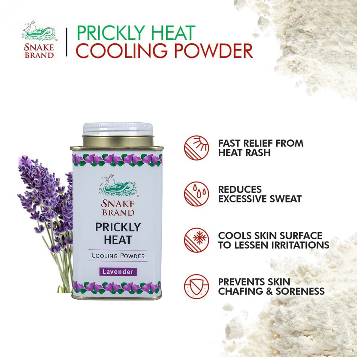 Snake Brand Prickly Heat Cooling Talcum Powder - French Lavender Scent, 50g (Pack of 4) | Heat Rash Treatment & Body Cooling Powder for Summer, Gym & Outdoor Activities | Soothing Relief for Hot Weather & Skin Irritation