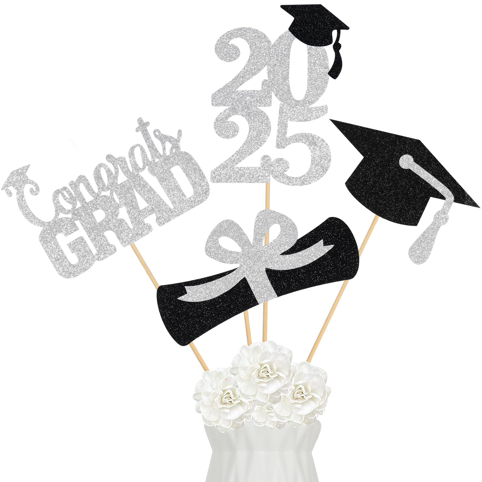 2025 Silver Graduation Party Centerpieces - Elegant Table Decorations & Centerpiece Sticks for Graduation Ceremonies, Parties, and Celebrations - Perfect for Class of 2025 Decor