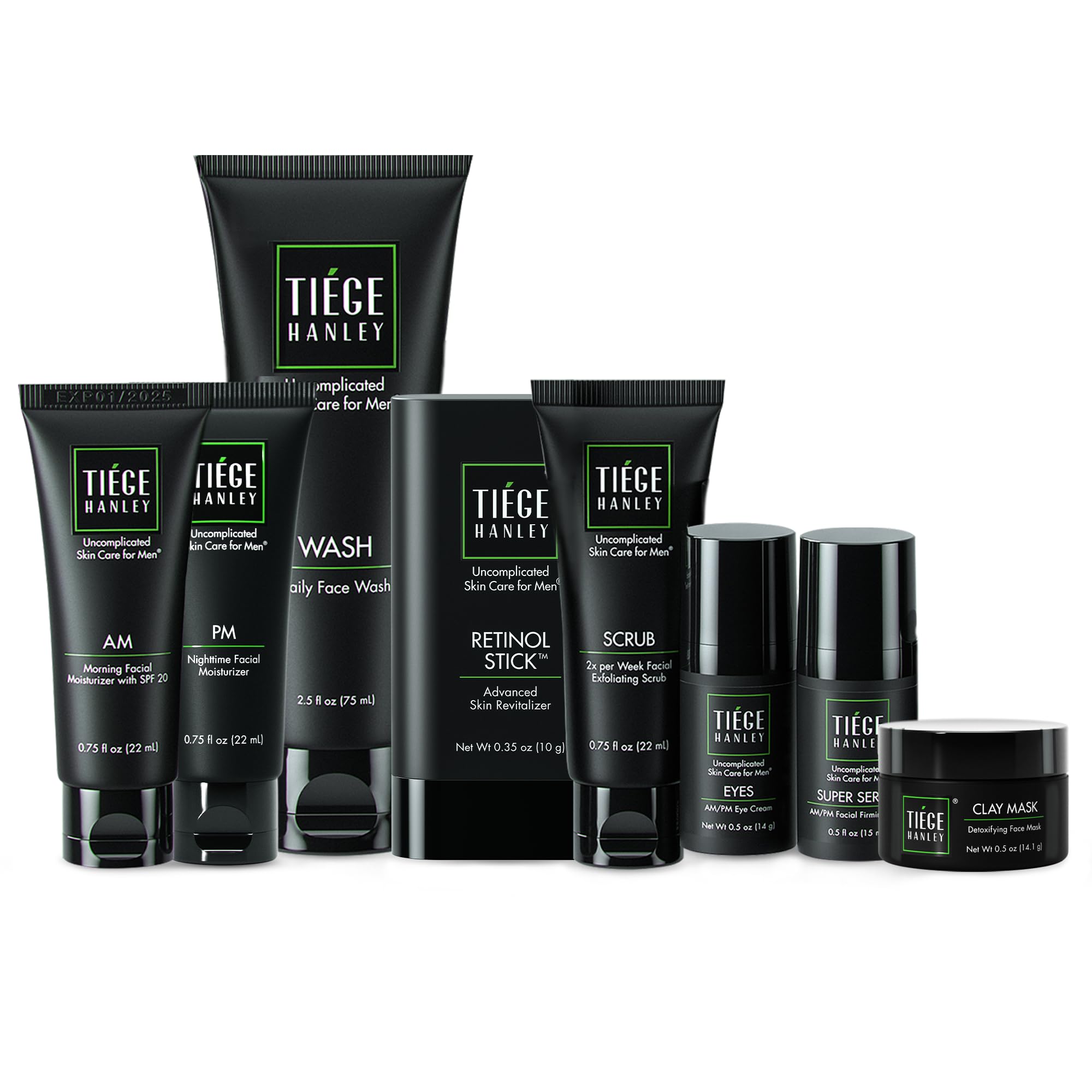 Tiege Hanley Men’s Anti-Aging Skin Care Set - Level 5 System with Face Wash, Scrub, Moisturizer, Eye Cream, Serum & Clay Mask | Complete Rejuvenation Routine for Younger Looking Skin | Perfect for Daily Skincare & Nighttime Routine