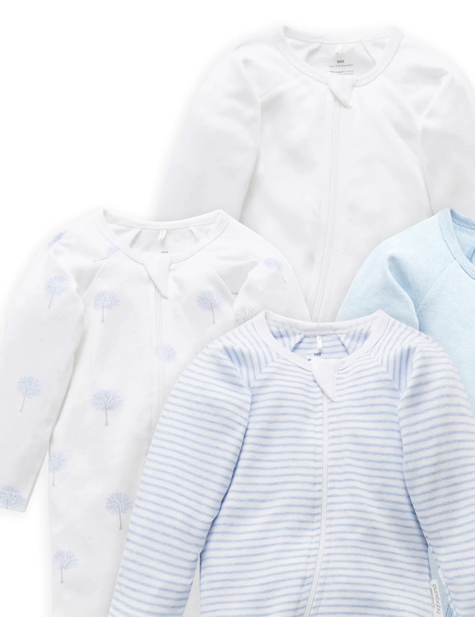 Purebaby Organic Cotton Zip Growsuit 4-Pack - Soft Baby Sleepwear for Boys & Girls - Perfect for Nursery, Daycare & Playtime