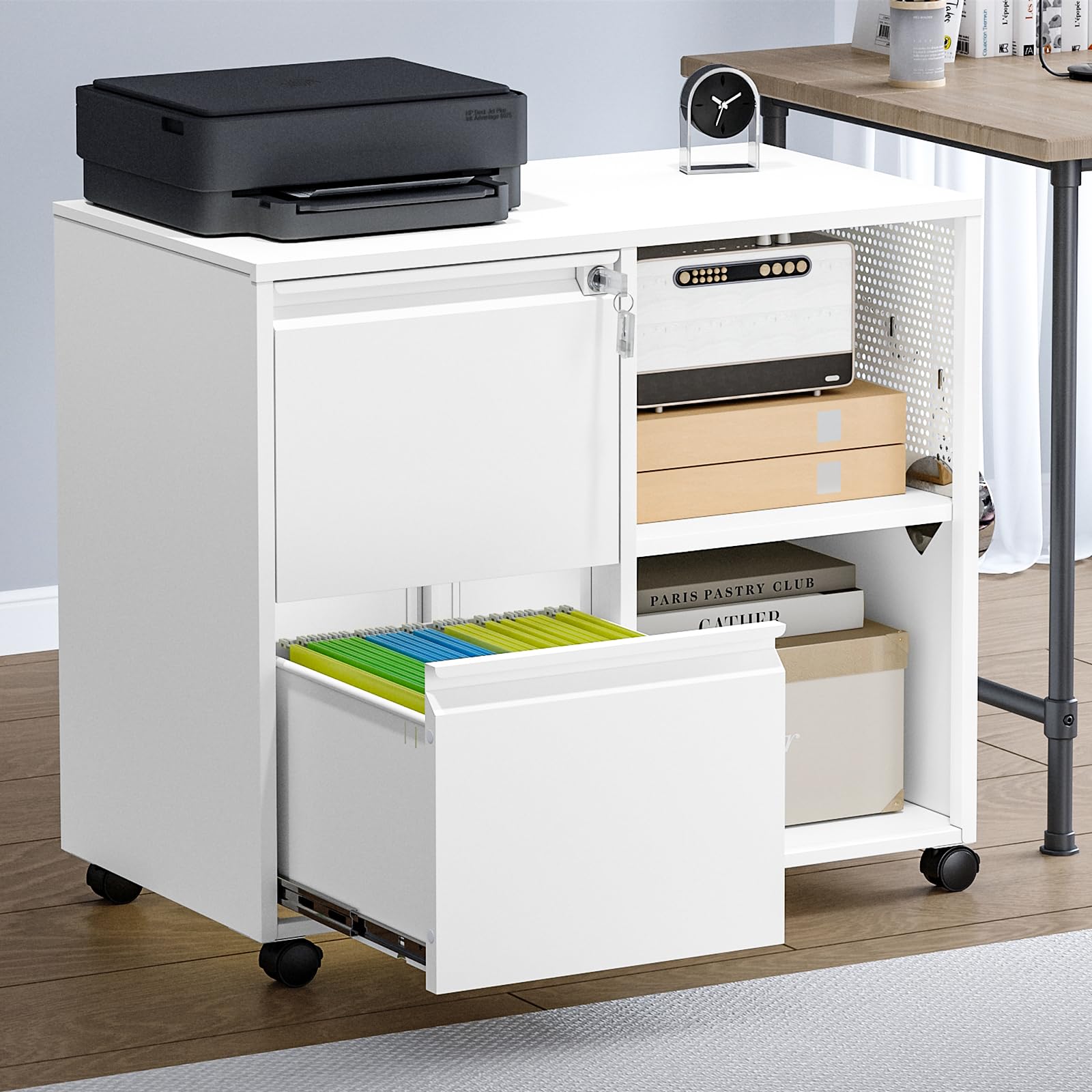 2-Drawer Mobile File Cabinet with Lock - Adjustable Shelves for Letter, A4 & Legal Size - White Lateral Filing Cabinet for Home Office Organization | Perfect for Document Storage & Workspace Organization