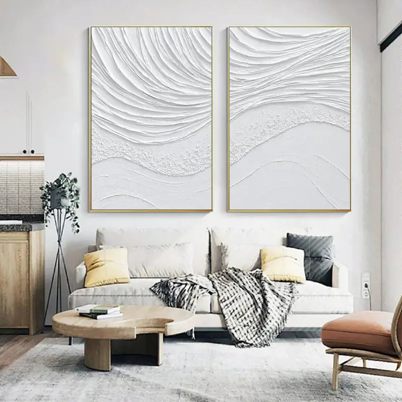 Modern White Minimalist Textured Canvas Wall Art Set of 2 - Abstract Handmade Paintings for Living Room, Bedroom & Office Decor | #MM062