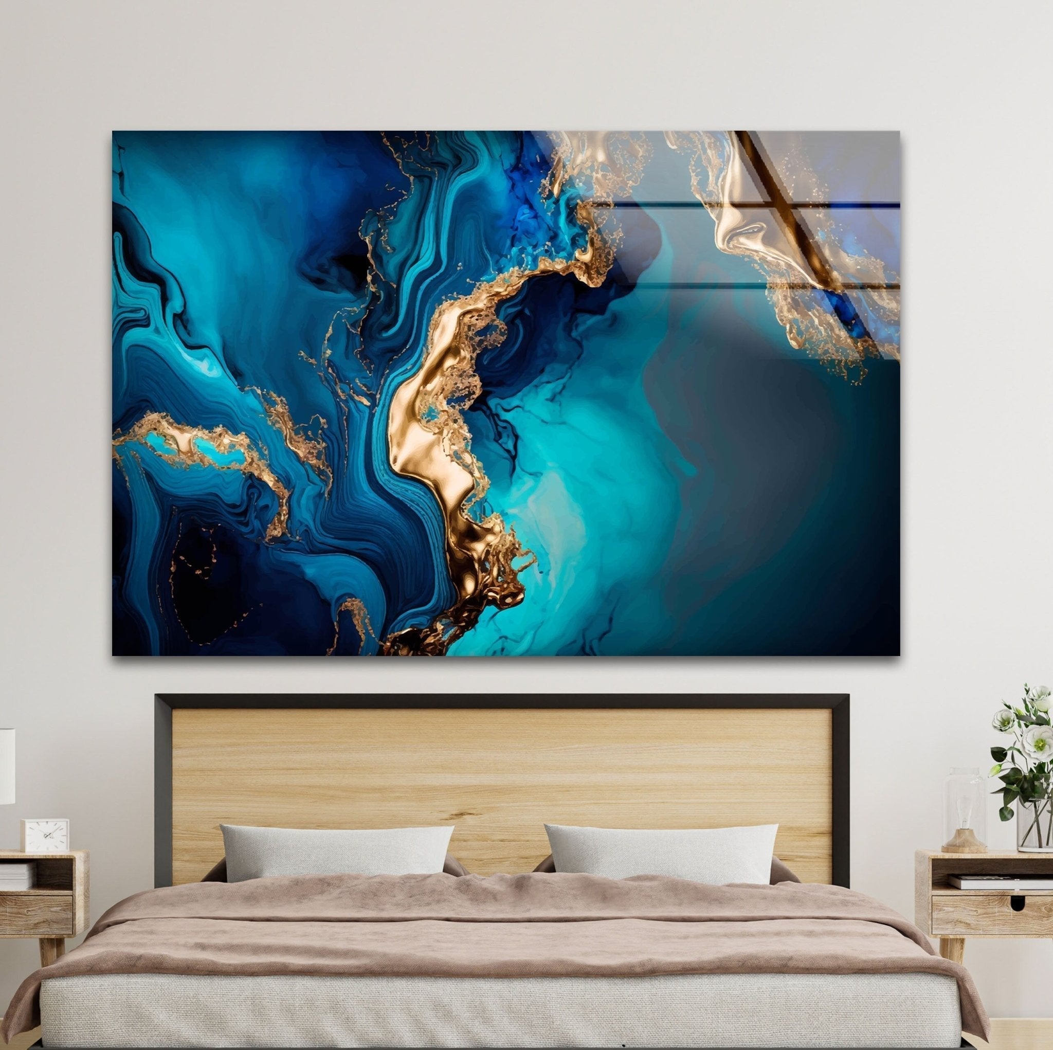 Abstract Turquoise Marble Glass Wall Art - Modern Home Decor for Living Room, Bedroom & Office - Handmade Blue and White Marbleized Glass Panel