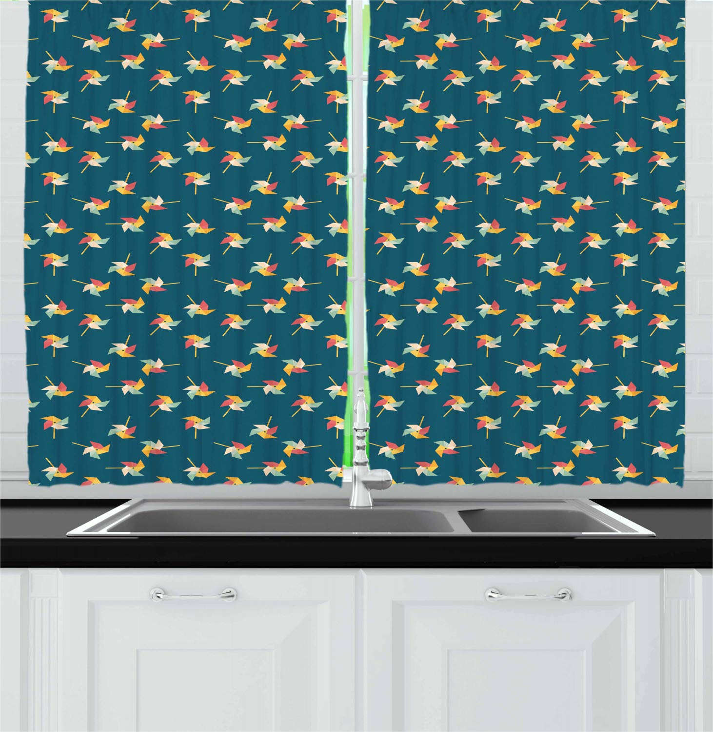 Ambesonne Pinwheel Kitchen Curtains Set of 2 - Colorful Graphic Pattern Window Drapes for Kitchen, Cafe & Playroom Decor - 55 x 39 Inches Multicolor - Perfect for Summer Fun, Kids Room & Boho Style Home Decor