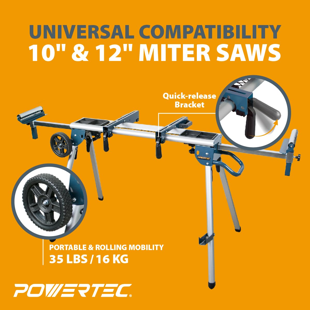 POWERTEC MT4008 Heavy Duty Miter Saw Stand with Wheels - Collapsible Portable Workbench with Tool Storage Trays, 330Lbs Capacity & Quick Release Brackets - Perfect for Job Sites, Workshops and DIY Projects