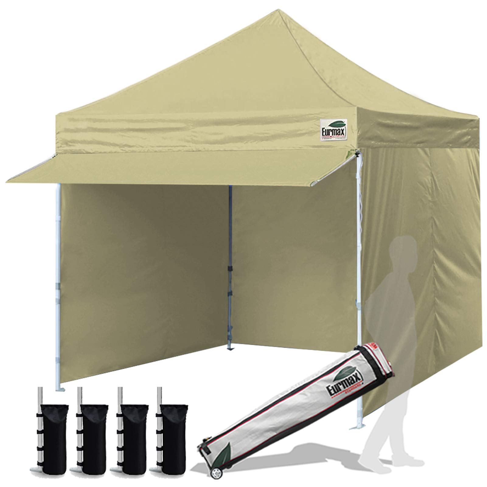 Eurmax USA 10x10 Commercial Pop Up Canopy Tent - Heavy Duty Outdoor Party Canopy with 4 Removable Zippered Sidewalls, Roller Bag, 4 Sand Bags & 24 Sq Ft Extended Awning (Beige) | Perfect for Backyard BBQs, Farmers Markets, Beach Outings & Outdoor Events