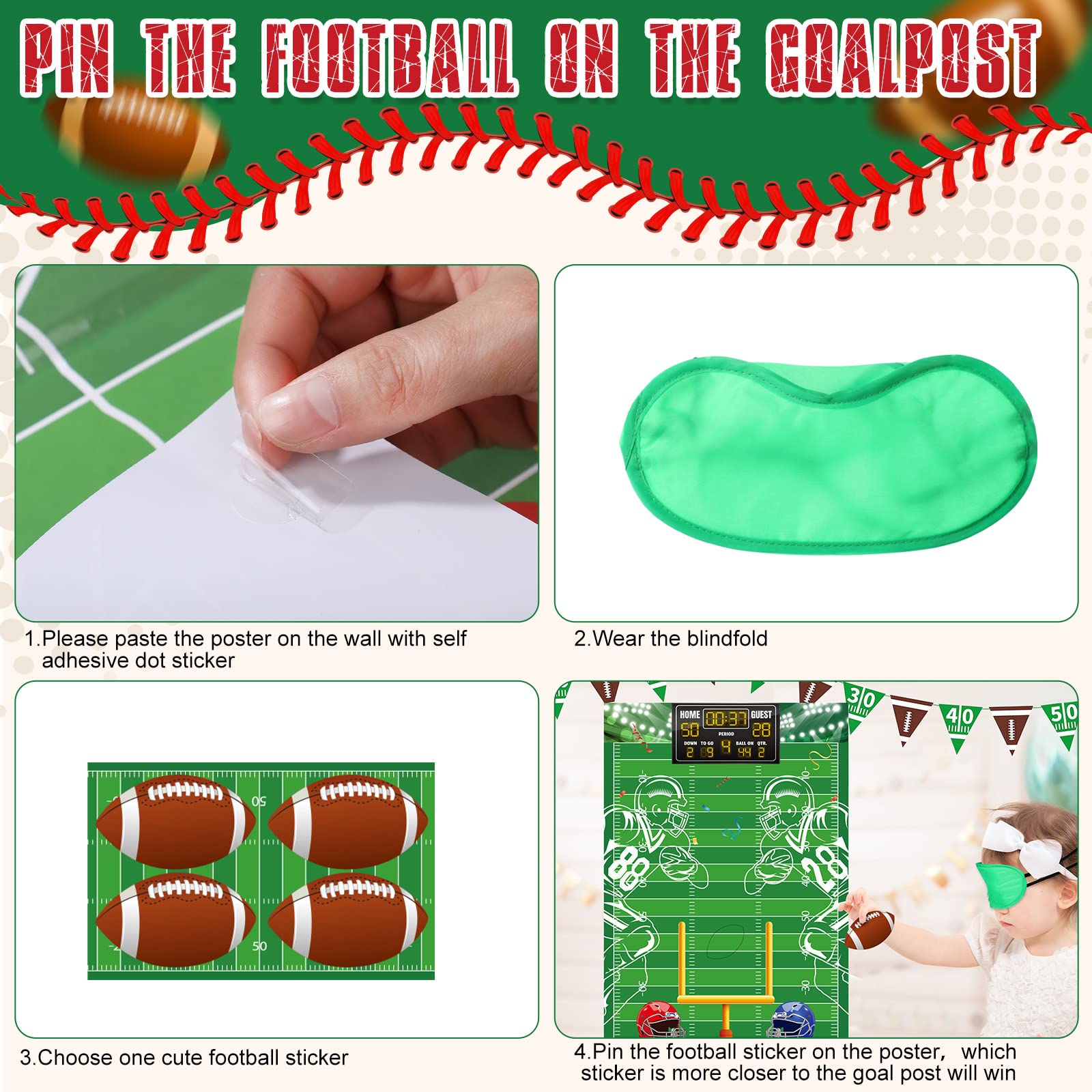 48 Pcs Football Party Stickers - Pin The Football Game for Kids Birthday Party Decorations & Activities - Large Goalpost Pin Game - Perfect for Sports Themed Parties, School Events & Family Game Nights