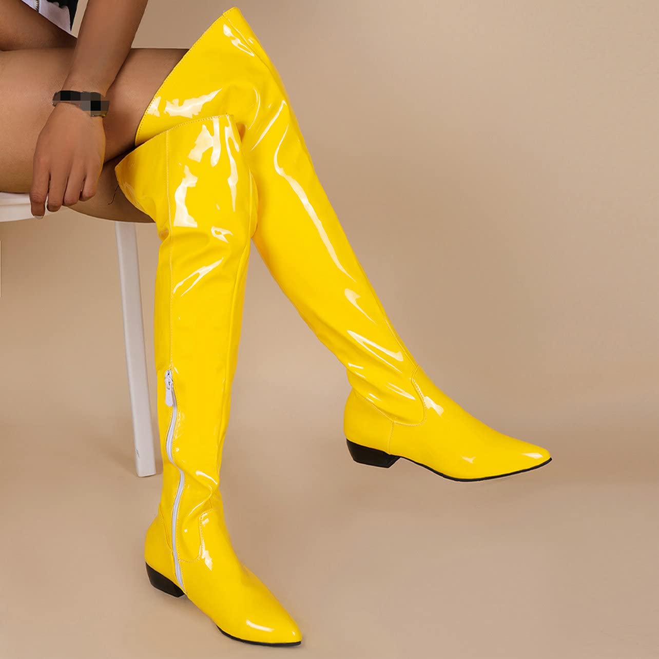 UniqueStride Women's Thigh High Boots - Chunky Heel, Pointed Toe, Side Zipper, Patent Leather Over The Knee Boots for Party, Night Out & Winter Fashion