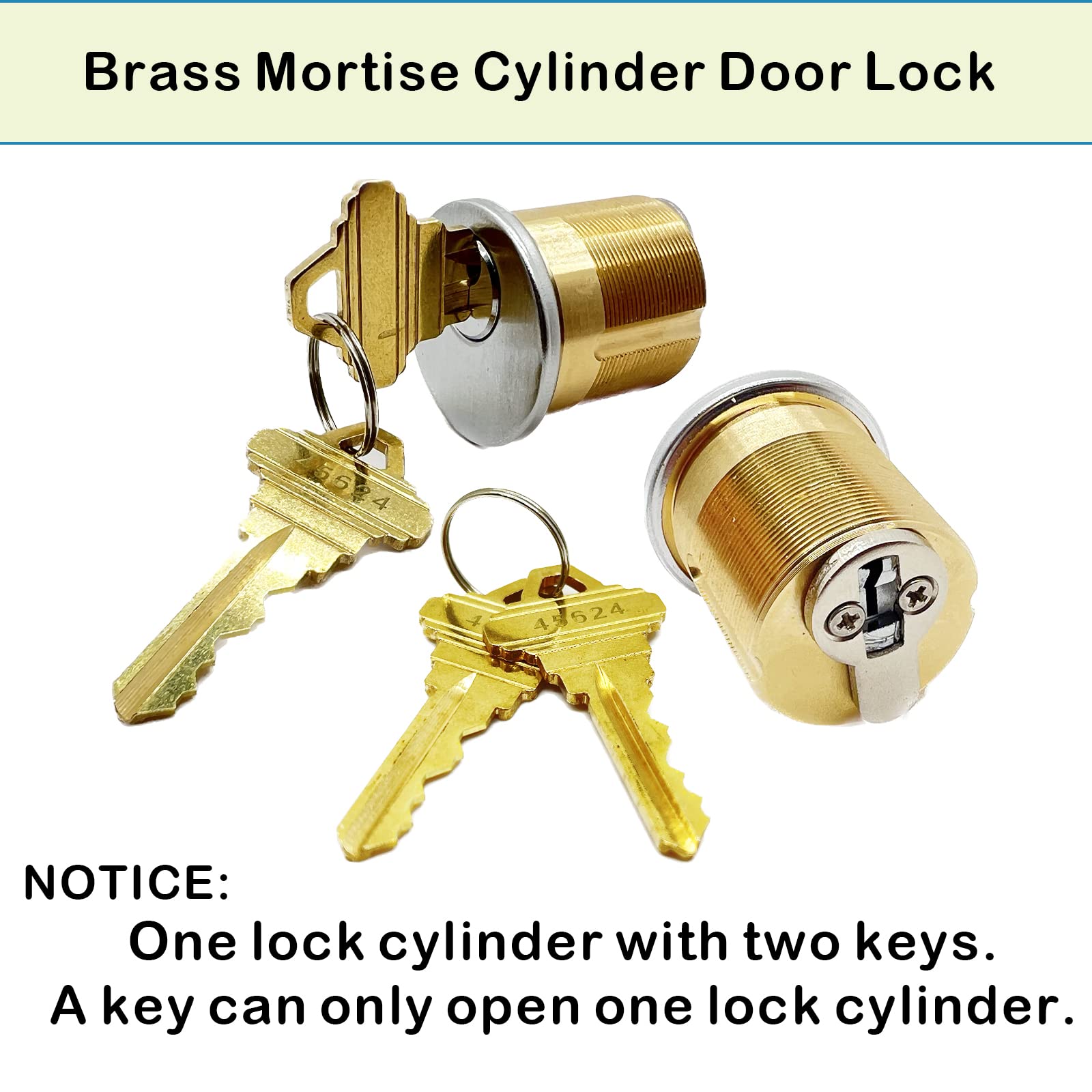 2 Pack Brass Mortise Door Cylinder Lock with 2 Keys - 1-1/4