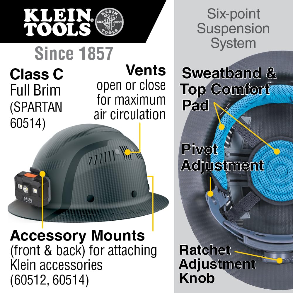 Klein Tools 60514 K12 Series Carbon Fiber Full Brim Hard Hat with Rechargeable Headlamp - Vented Class C Type 1 Spartan Helmet for Construction, Electrical Work & Industrial Safety