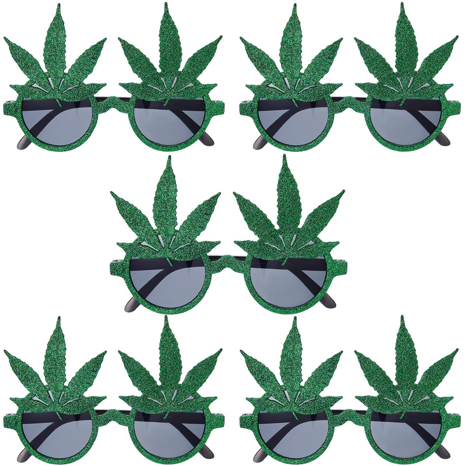 5 Pairs Glittered Marijuana Glasses with Pot Leaf Round Lens - Fun Weed Sunglasses for Halloween Costume, Party, Festival & Cosplay - Green