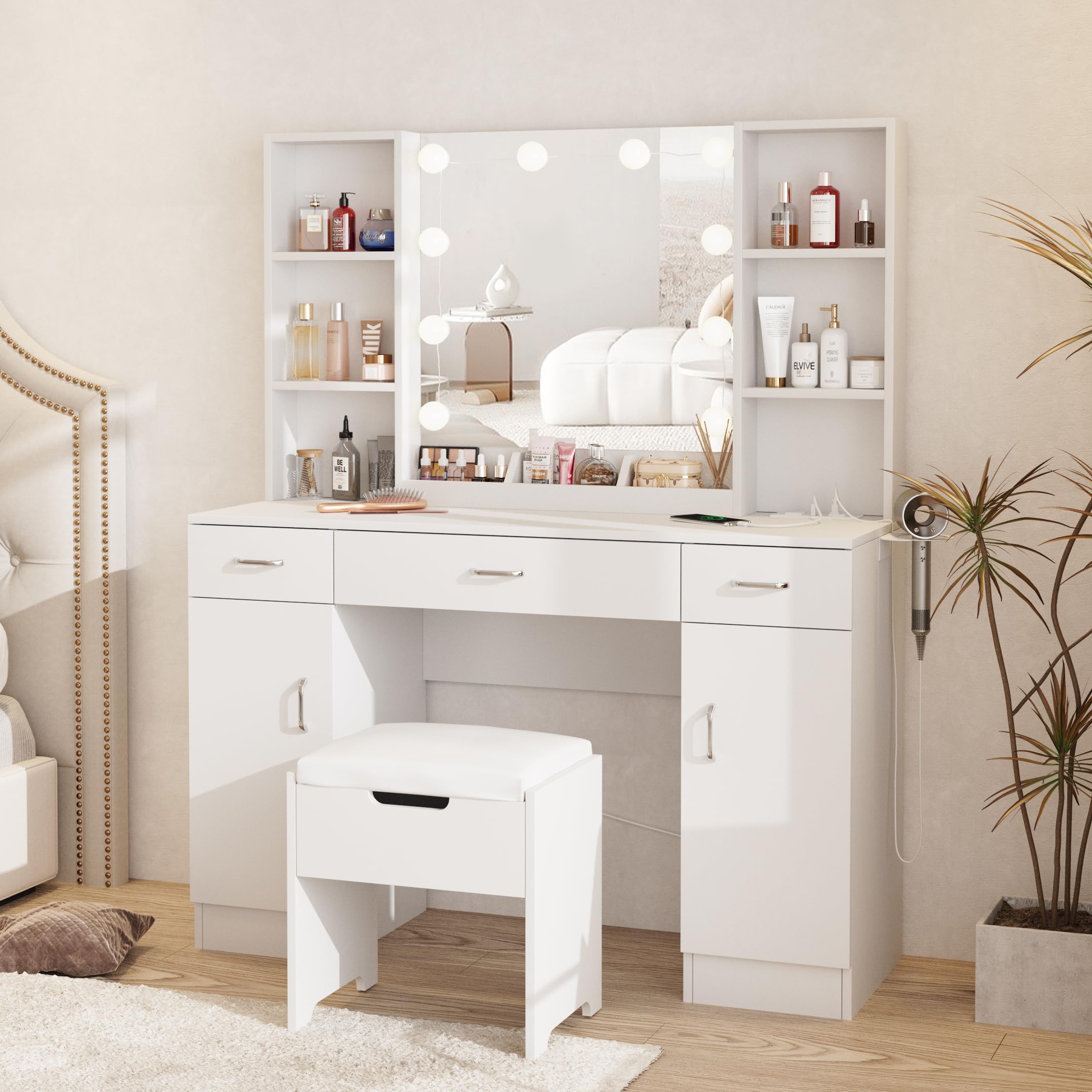 Premium Makeup Vanity Table with LED Lighted Mirror & Built-in Outlets - Large Dressing Table with Ample Storage, 3 Lighting Modes & Adjustable Brightness (45 Inch) - Perfect for Home Beauty Salon, Bedroom Decor & Professional Makeup Artists