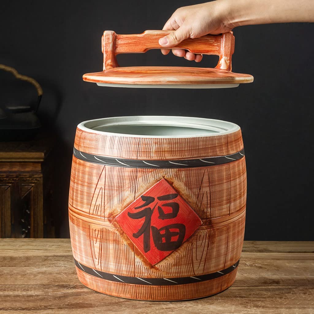 Wood Grain Ceramic Rice Storage Jar with Lid - Airtight Kitchen Container for Flour, Beans & Rice (36x34.4cm, Brown) | Perfect for Pantry Organization & Bulk Food Storage