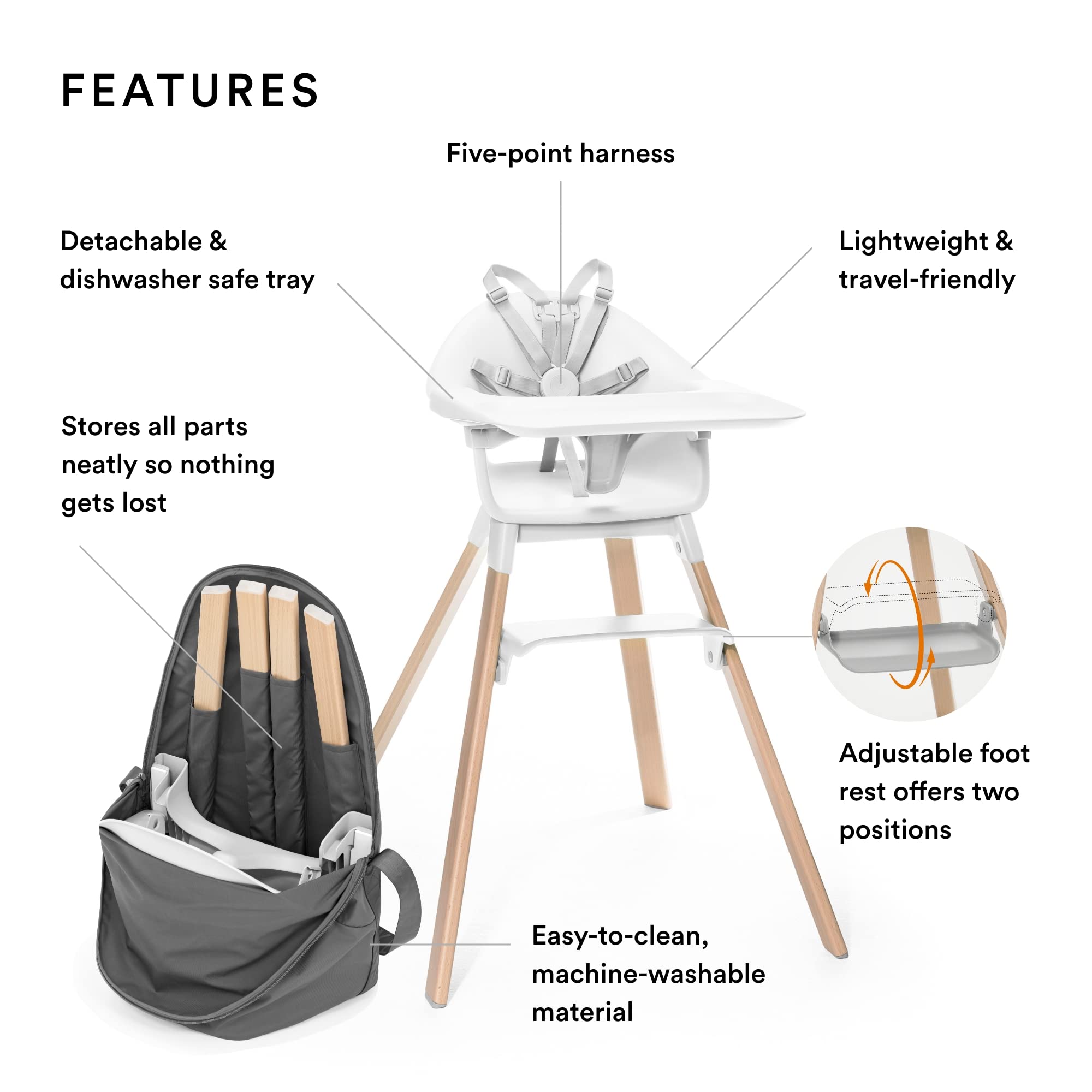 Stokke Clikk High Chair with Tray & Harness - Lightweight Durable Baby Feeding Chair for 6-36 Months (Up to 33 lbs) - Includes Travel Bag - Perfect for Home, Restaurants & Travel - White Chair + Grey Accessories