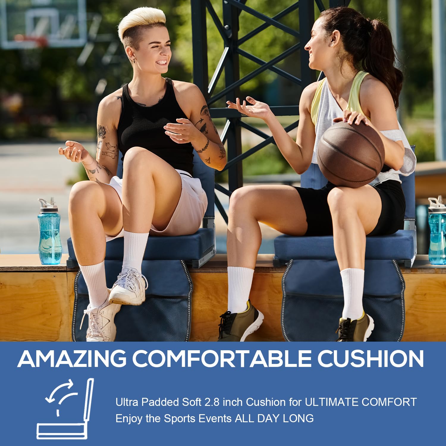 Portable Folding Stadium Chair with Back Support & Cushion - Wide Bleacher Seats with Shoulder Strap, Carry Handle & Storage Pockets - Perfect for Sports Games, Concerts & Outdoor Events