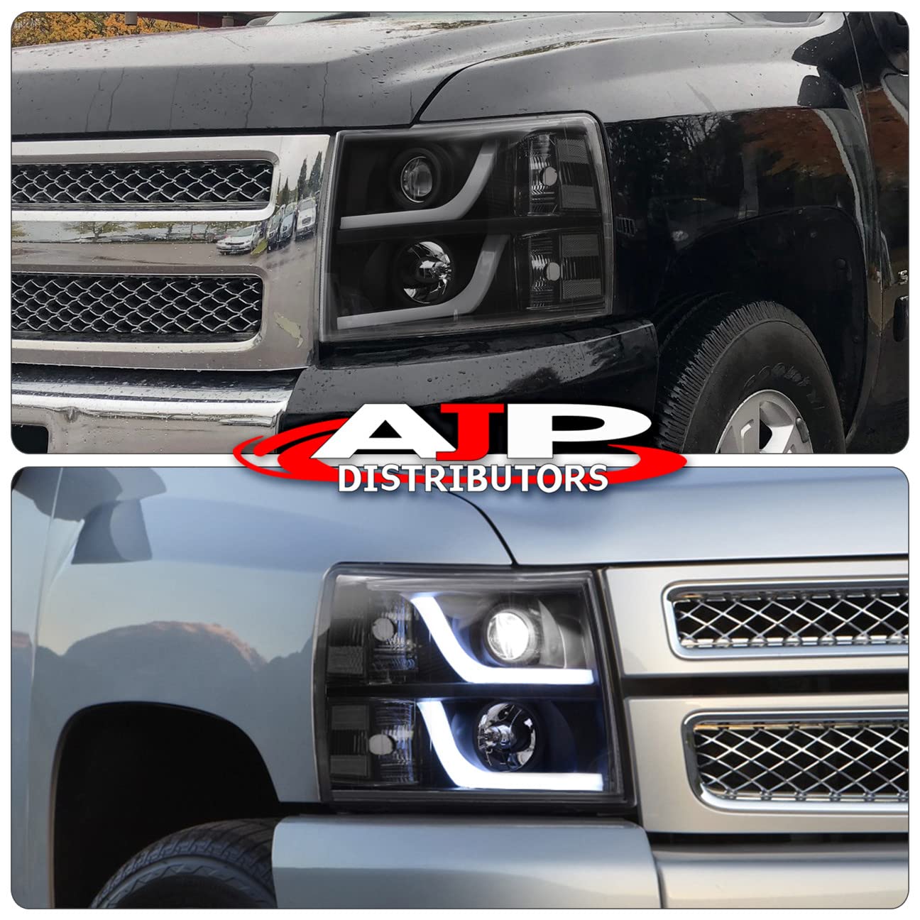 AJP Distributors LED DRL Black Housing Clear Side Reflector Headlights & Red LED Tube Brake Tail Lights Compatible with Chevy Silverado 2007-2013 | Upgrade for Night Driving & Enhanced Visibility