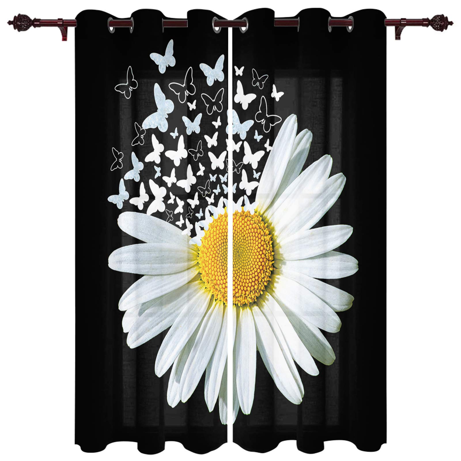 Sheer Curtains with White Daisy Floral Butterfly Design on Black Background - 2 Panels, 39 Inch Length, Grommet Top for Easy Hanging | Perfect for Kitchen, Living Room, Bedroom, Patio & Sliding Glass Doors | Light Filtering Window Treatment for Privacy & Elegant Home Decor
