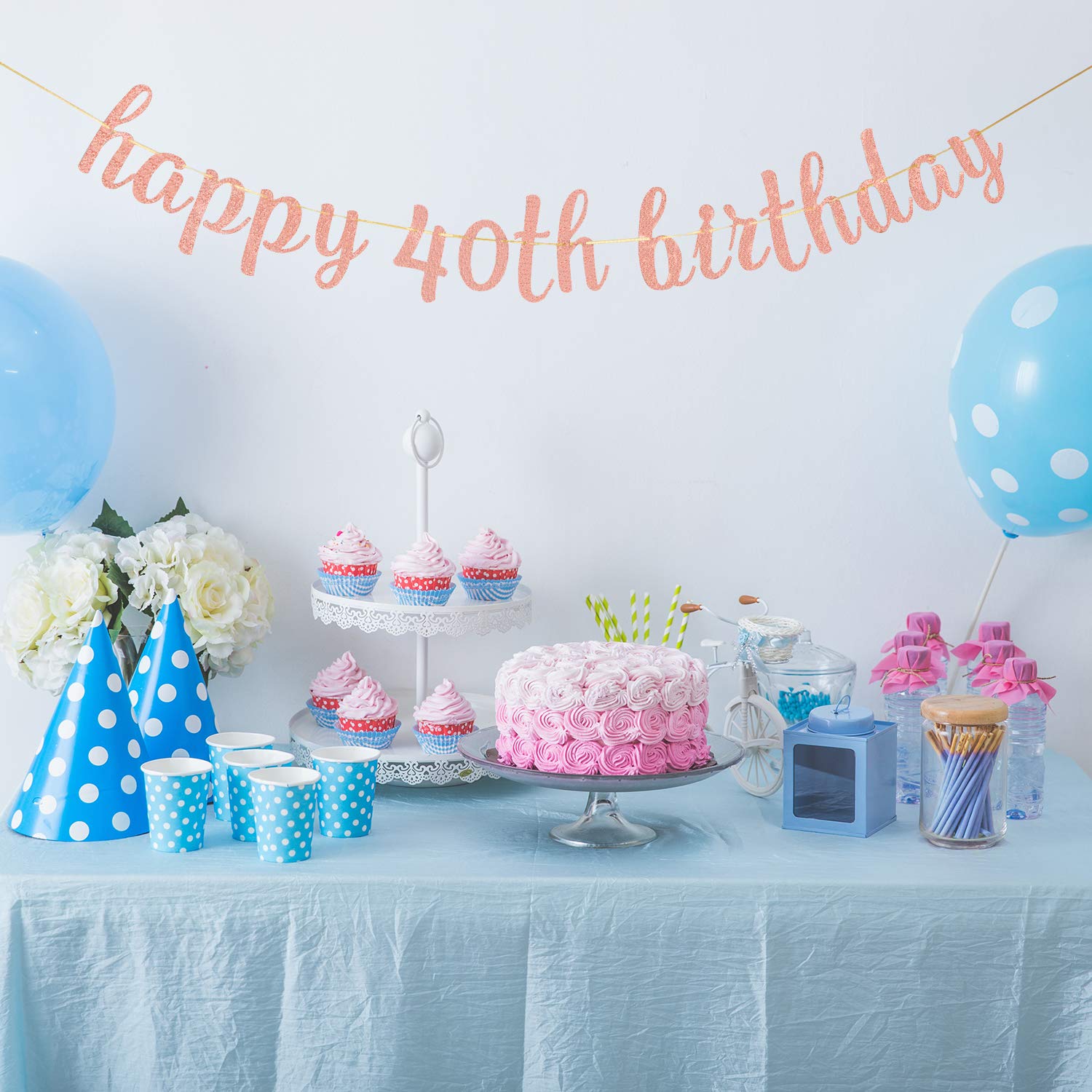 Rose Gold Glitter Happy 40th Birthday Banner - Forty Sign Party Decor with Cheers to 40 Years - Perfect for Birthday Celebrations, Anniversaries & Milestone Events