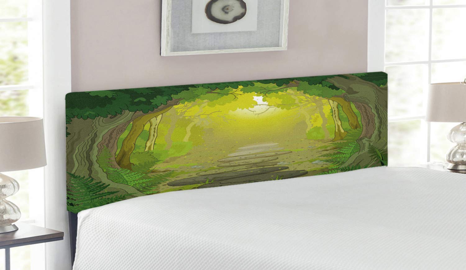 Ambesonne Forest Headboard - Pathway with Trees and Ferns Upholstered Decorative Metal Bed Frame with Memory Foam - Queen Size in Fern Green & Yellow - Perfect for Nature-Themed Bedrooms and Cozy Home Decor