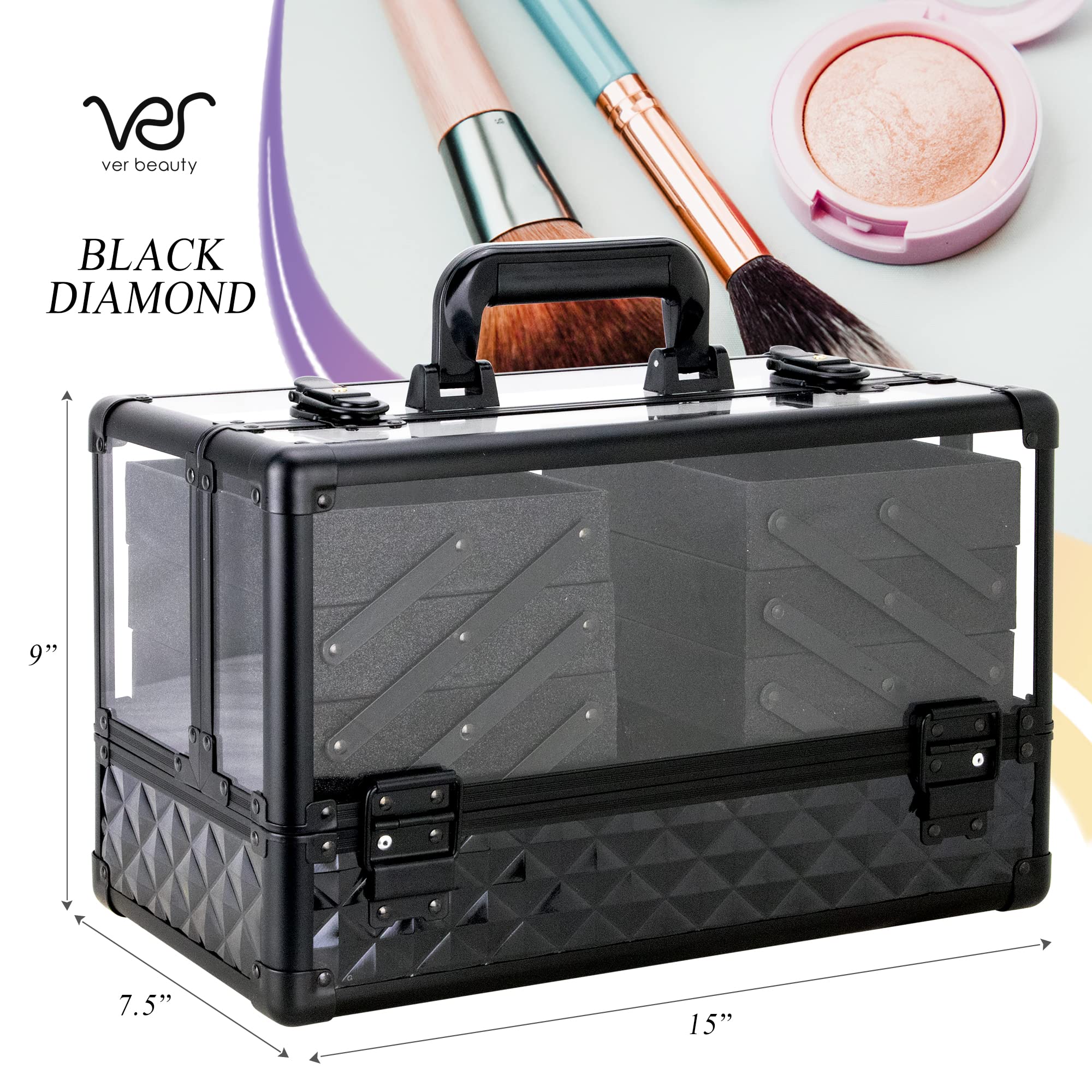 Ver Beauty 14 Inch Large Professional Makeup Train Case - Portable Acrylic Cosmetic Storage Organizer with 6 Trays for Makeup Artists, Jewelry, Nail Kits & Crafts - Perfect for Travel, Salon & Home Organization (Black)