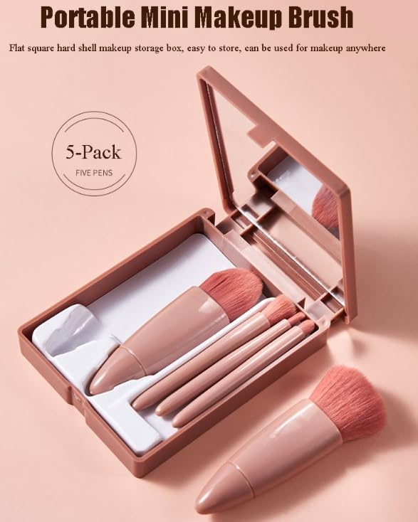 5-Piece Mini Travel Makeup Brush Set with Mirror - Compact Cosmetic Brushes for Foundation, Powder, Concealer, Eyebrow, Eyeshadow, Blush & Lip Gloss | Perfect for On-the-Go Touchups, Travel Kits & Small Makeup Bags