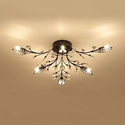 Modern Black Leaf Semi Flush Mount Ceiling Light with Clear Crystal Accents - 6-Light Contemporary Metal Fixture for Dining Room, Bedroom or Living Room Lighting