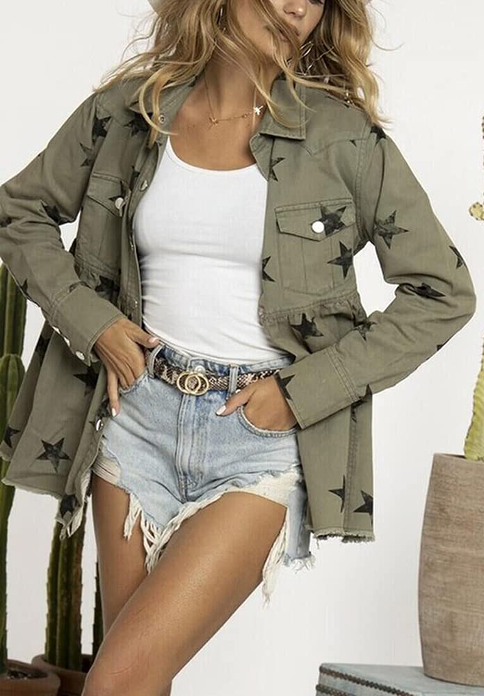 Women's Casual Frayed Raw Hem Star Print Denim Jacket | Mid-Long Peplum Style | Perfect for Spring Outfits, Date Nights & Streetwear Fashion