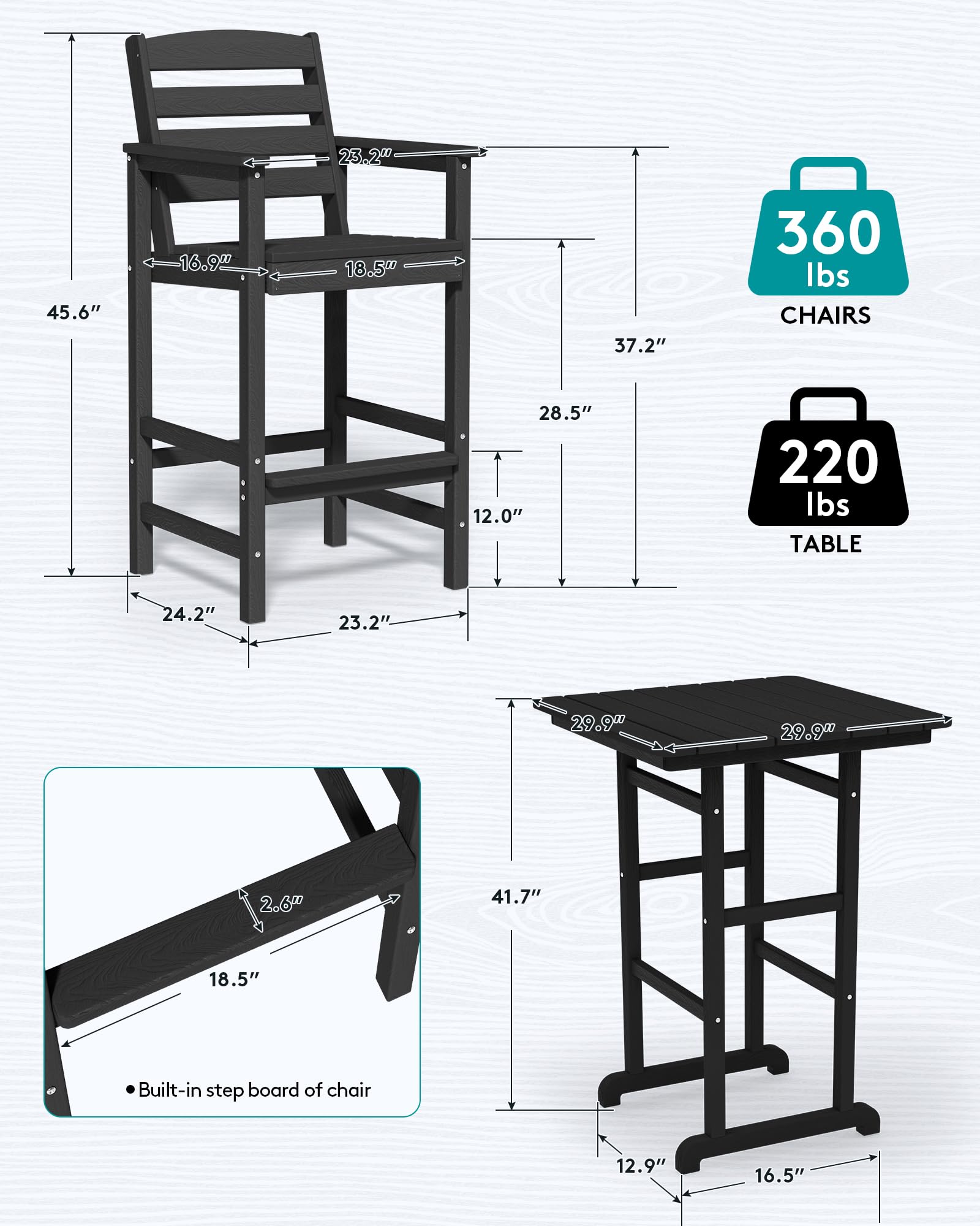 SERWALL 5-Piece Adirondack Bar Chair Set - Durable HDPE Outdoor Bar Stools with Pub Table - Black Patio Furniture for Bistro, Balcony, Poolside & Garden Decor - Perfect for Backyard, Deck & Outdoor Entertaining