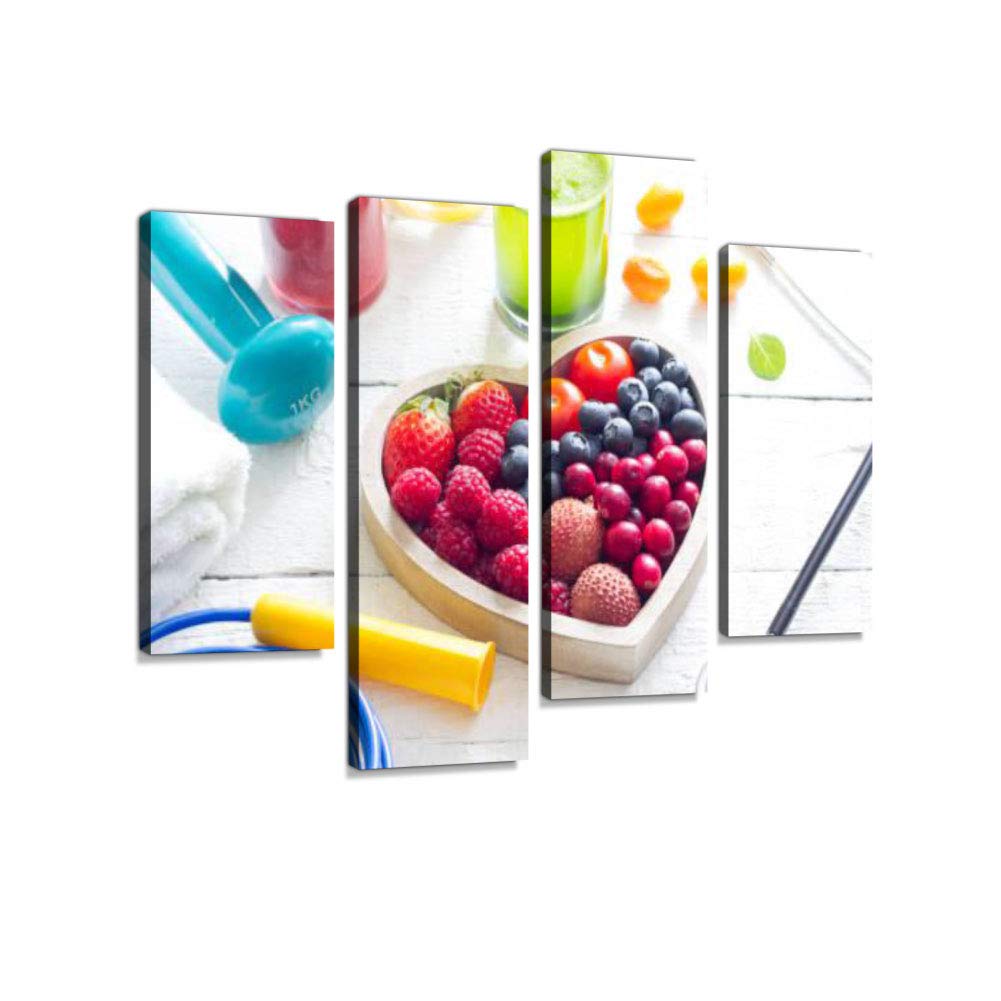 Premium Heart Stethoscope Diet & Fitness Gym Equipment - Modern Abstract Canvas Wall Art Set of 4 Panels for Home Decor, Clinic Office, or Gift | White Background Framed Painting Prints