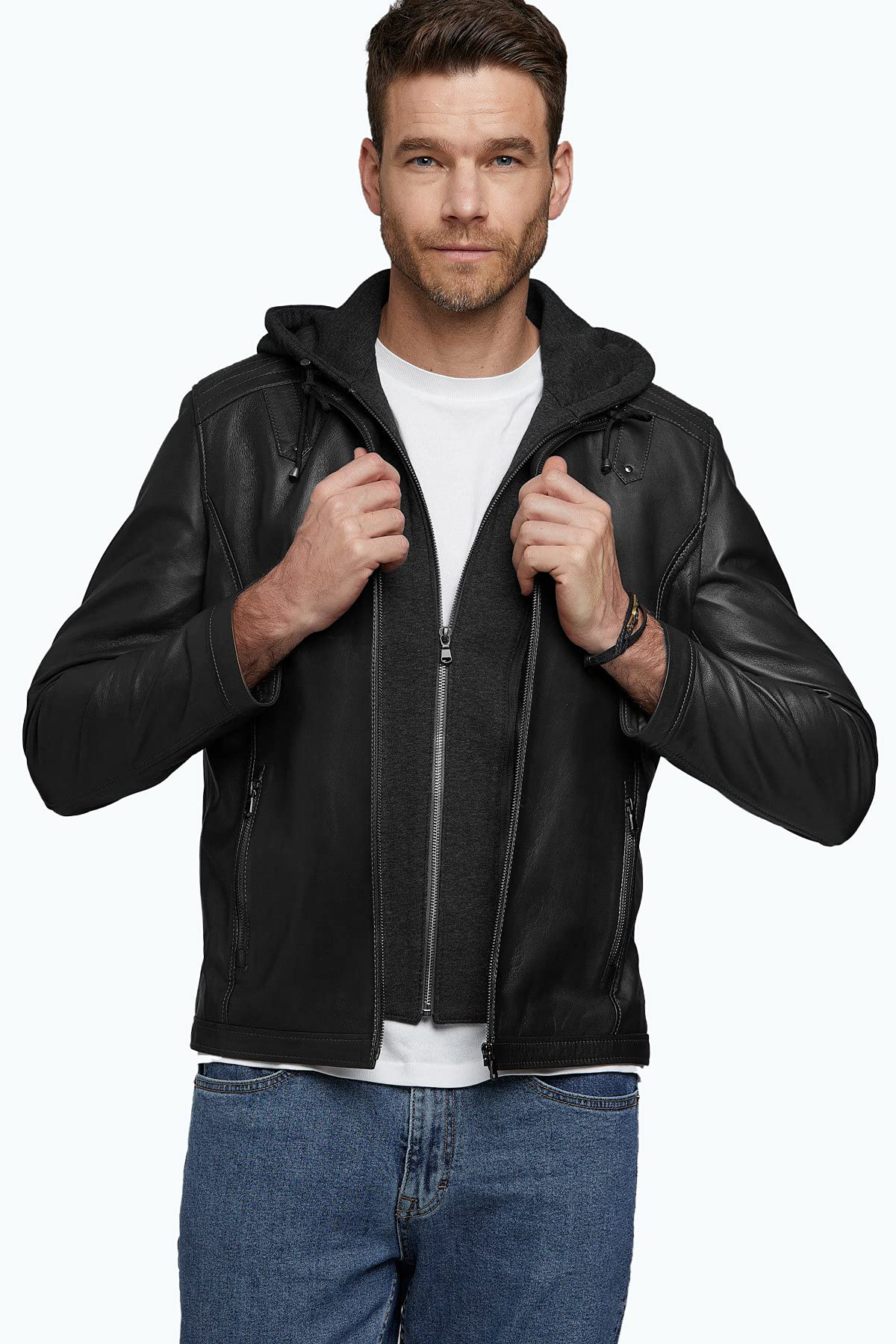 Premium Genuine Leather Jacket for Men with Hood - Lightweight Motorcycle Bomber Jacket in Black & Brown | Casual Wear, Biker Style & Outdoor Adventure