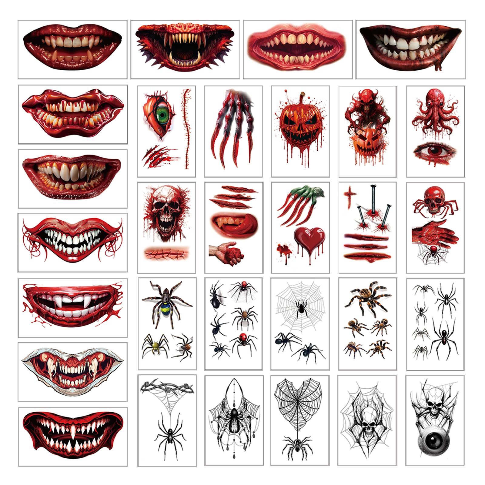 Waterproof Fake Zombie Scar Tattoos & Vampire Teeth Kit - 30 Sheets Halloween Makeup Stickers with Spider & Mouth Designs for Cosplay, Costume Parties, Horror Events & Scary Movie Nights
