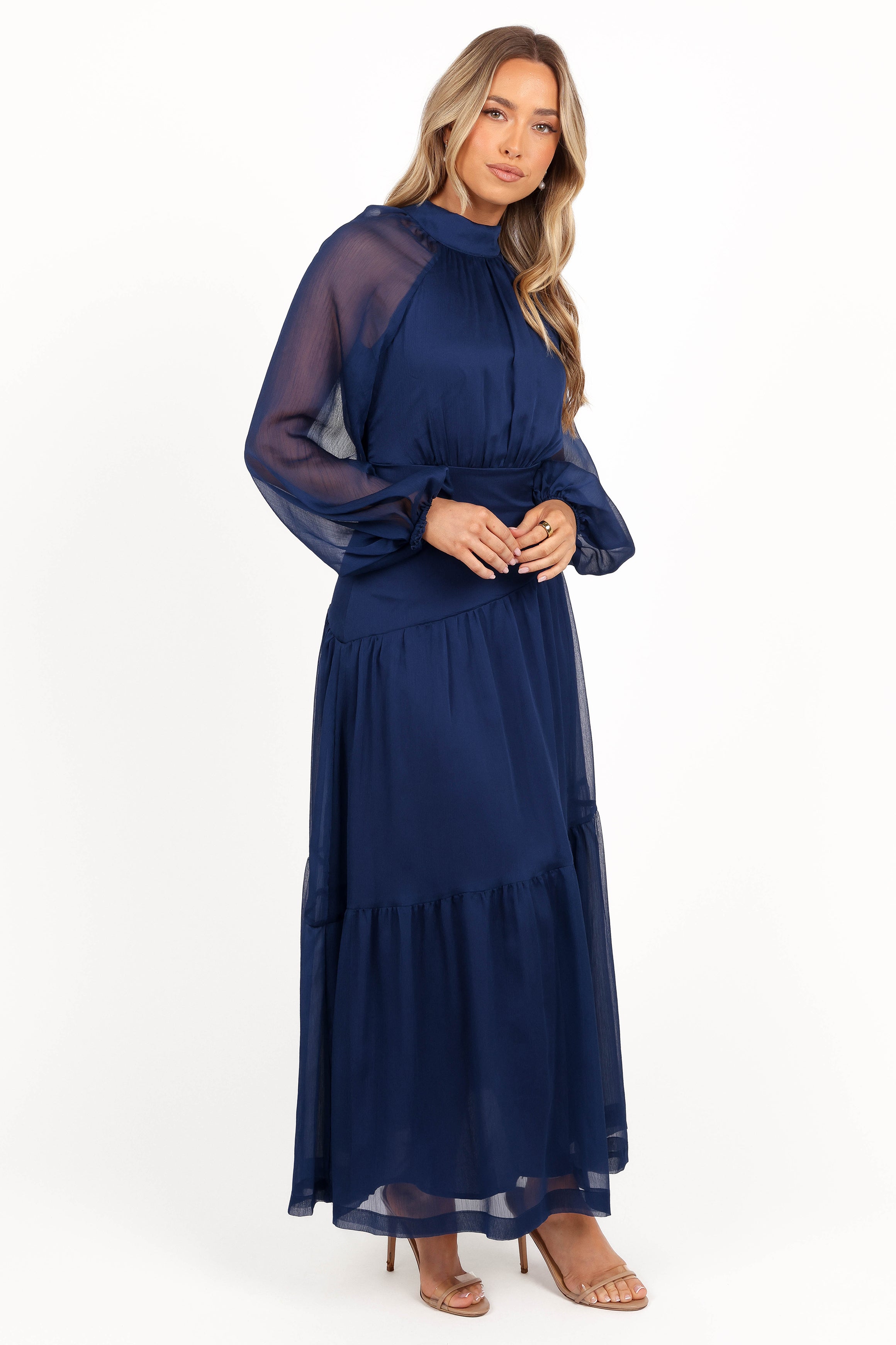 Julip Sheer Long Sleeve Maxi Dress for Women - Navy Blue Flowy Beach Cover Up, Elegant Evening Gown & Summer Boho Dress for Vacations, Weddings & Date Nights