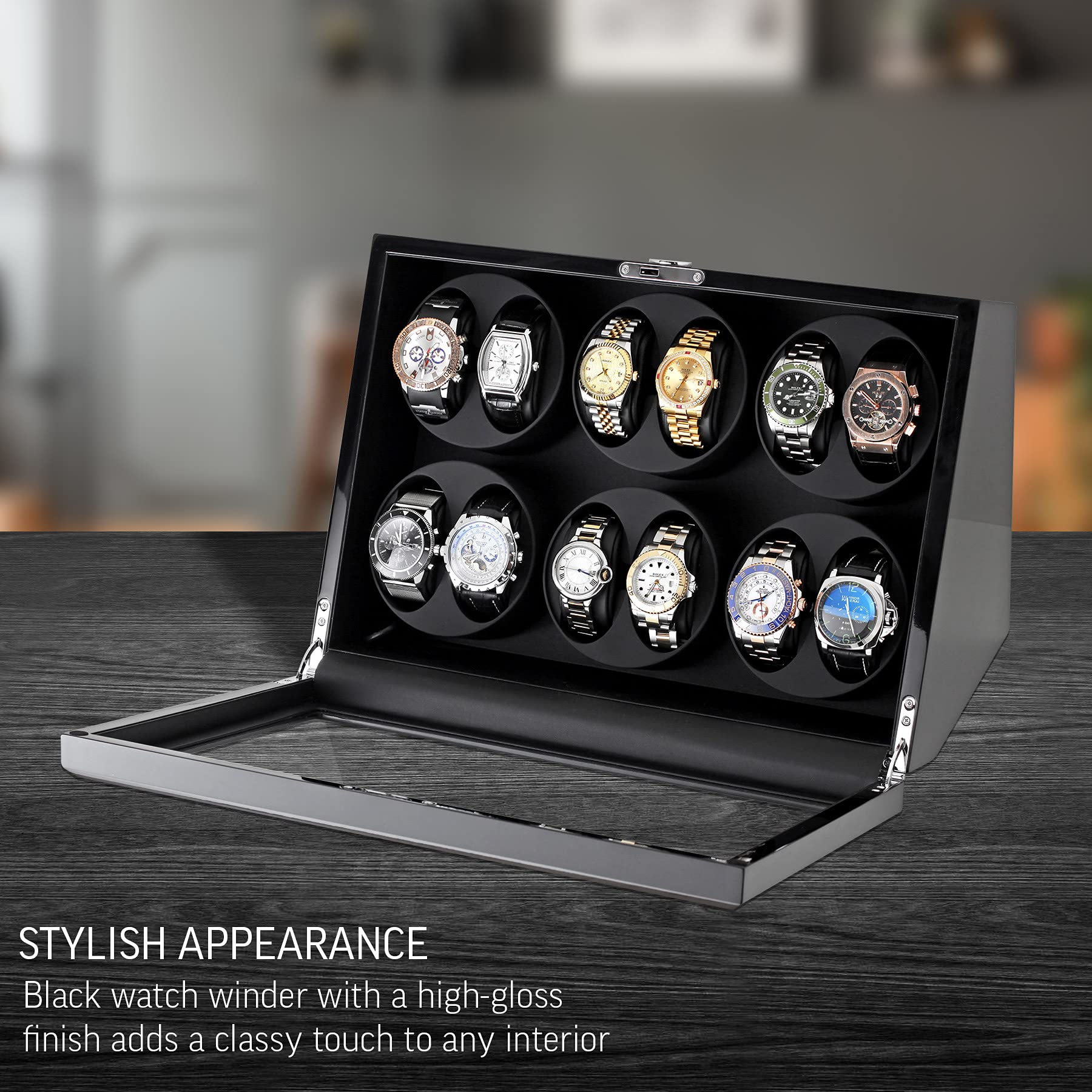 12 Slot Automatic Watch Winder with Motor Stop & Battery Option - Perfect for Rolex, Omega & Luxury Watch Storage & Display