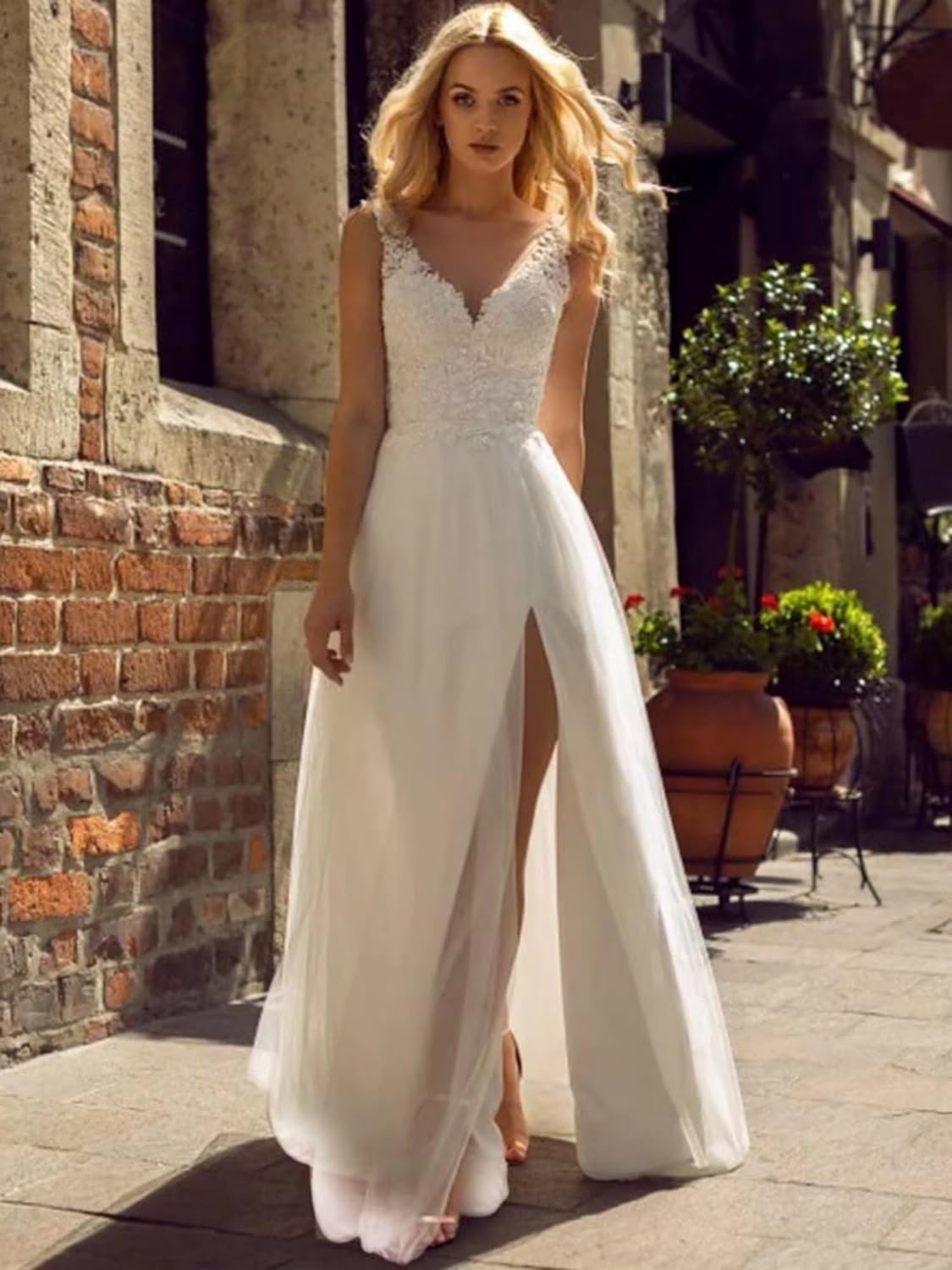 2024 Sexy V-Neck Lace Beach Wedding Dress for Bride with High Slit - Elegant Bridal Gown for Beach Weddings, Destination Ceremonies & Romantic Photos