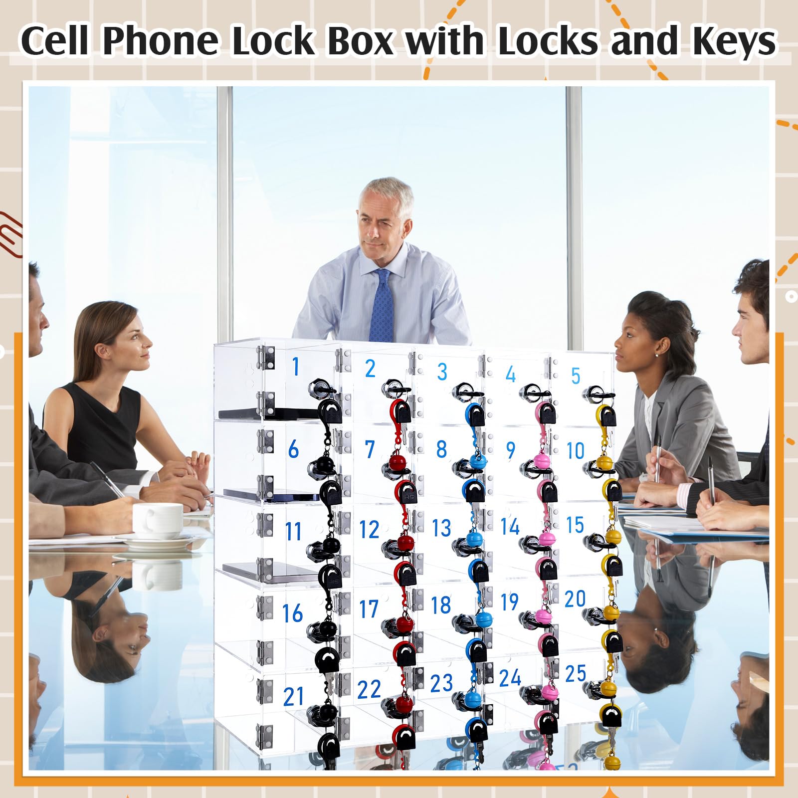 25-Door Clear Acrylic Cell Phone Locker Cabinet with Charging Ports & Key Locks - Wall Mounted Storage Solution for Classroom, Office, School & Factory - Organize Employee Devices Securely