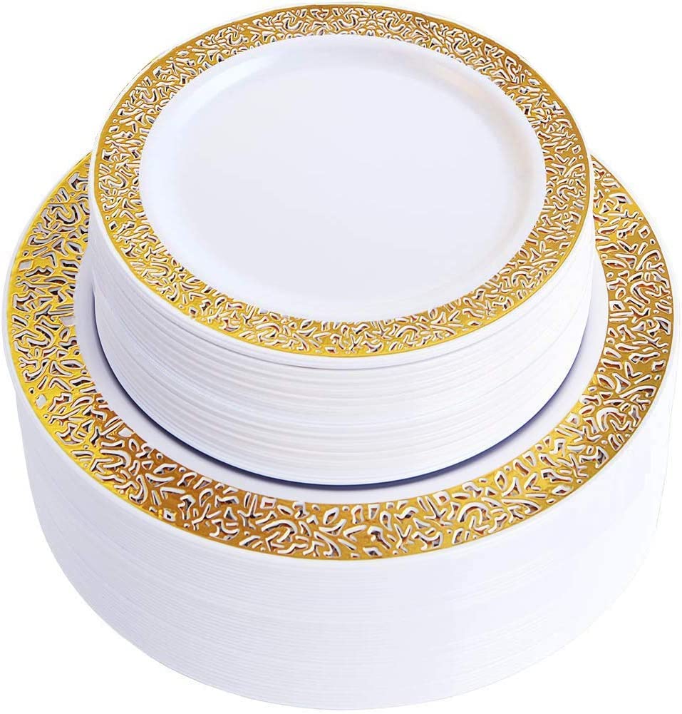 102-Piece Gold Disposable Plastic Plates Set - Elegant Baroque White Design for Parties, Weddings & Events - Premium Quality Disposable Dinnerware for Catering, Banquets & Special Occasions