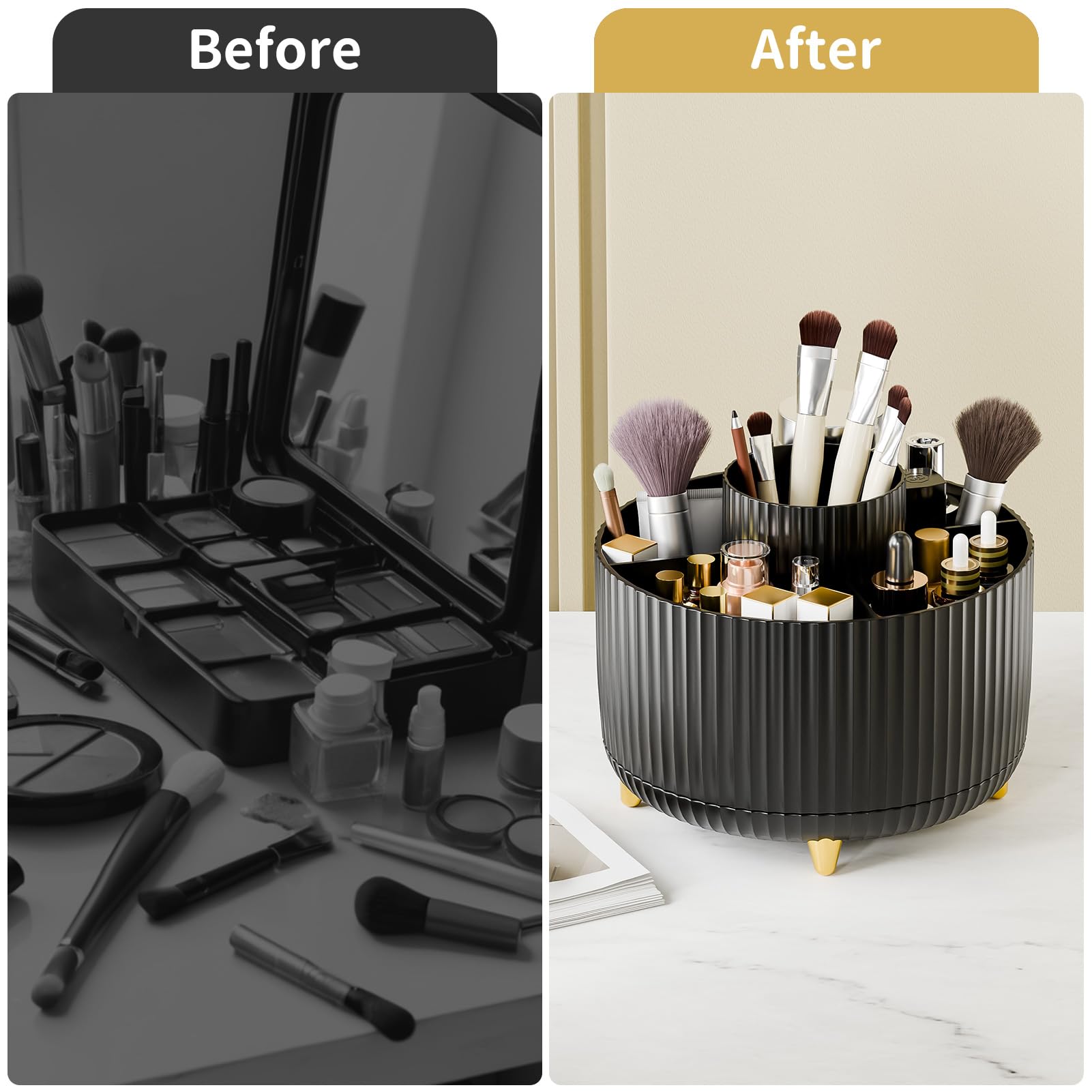 360° Rotating Makeup Brush Holder Organizer - Countertop Cosmetic & Skincare Storage with Gift Box - Perfect for Vanity, Desktop, Bathroom (Black) - Ideal for Organizing Brushes, Lipsticks & Beauty Tools