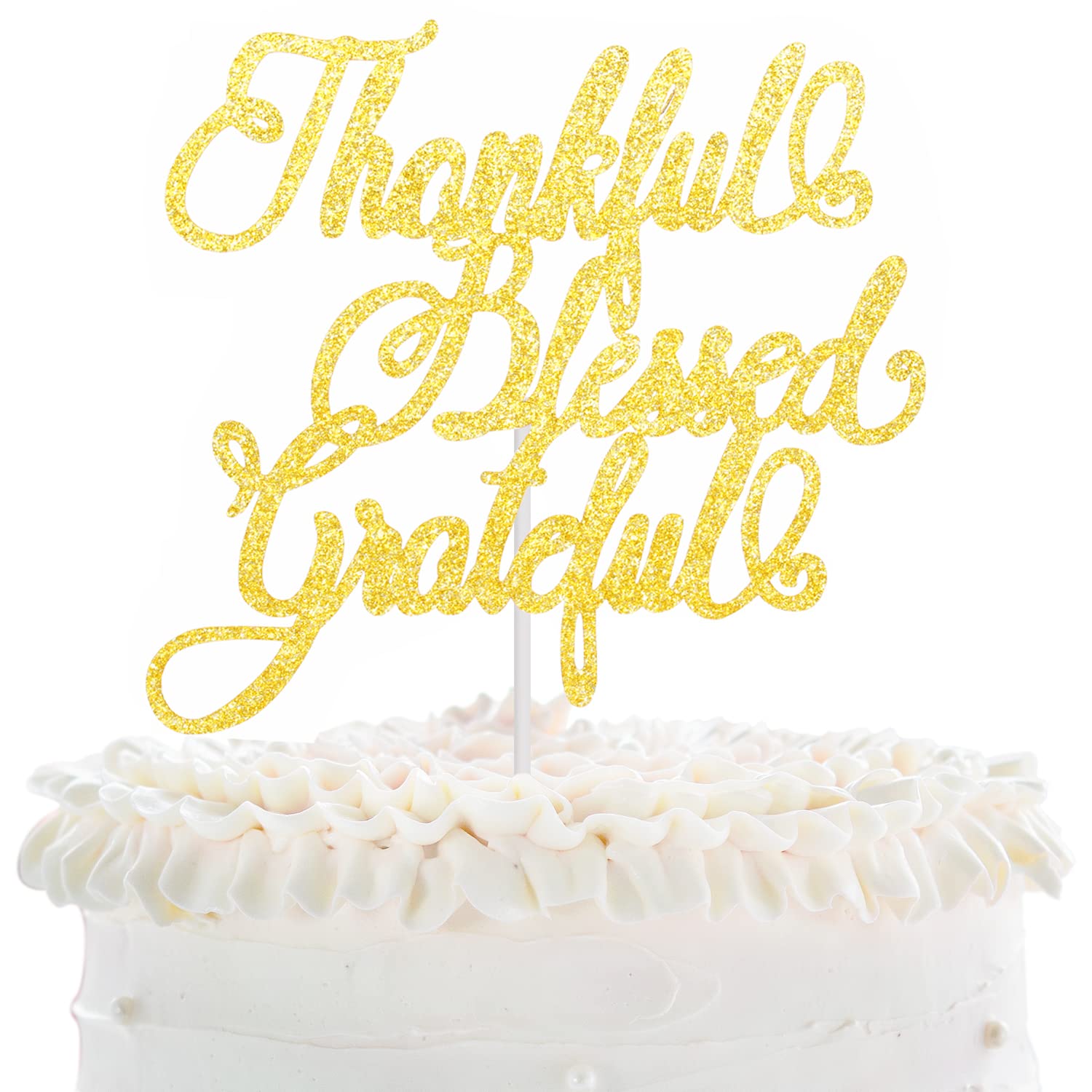 Gold Glitter Gracias Cake Topper - Thankful Blessed Grateful Thanksgiving Cake Decoration for Autumn Festival & Fall Parties - Perfect for Thanksgiving Desserts, Harvest Celebrations, and Seasonal Baking Decor