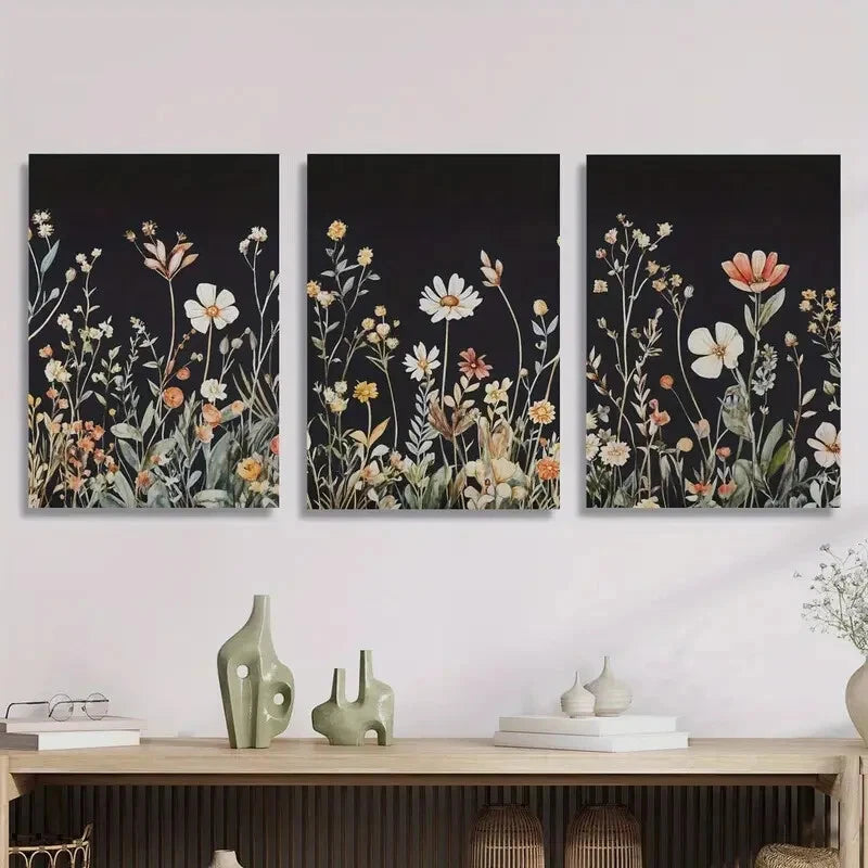 3-Piece Simple Floral Decorative Metal Wall Art Print - Ready to Hang - Black Background - Perfect for Living Room, Bedroom & Office Decor
