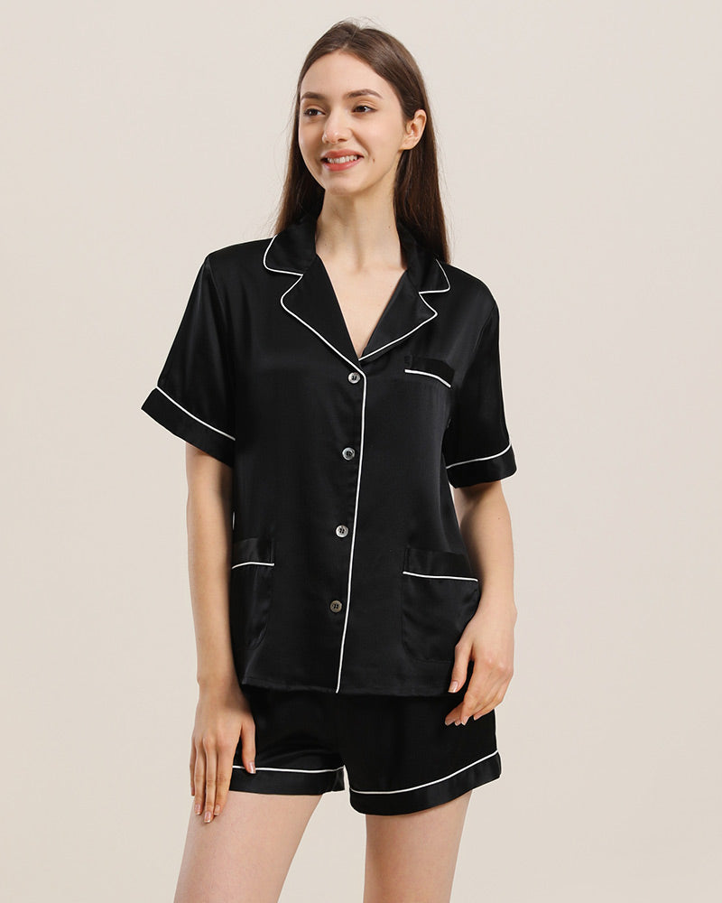 Luxury Silk Pajama Set for Women - Button Up Short Sleeve Sleepwear - Soft & Breathable Nightwear for Summer, Lounge & Travel