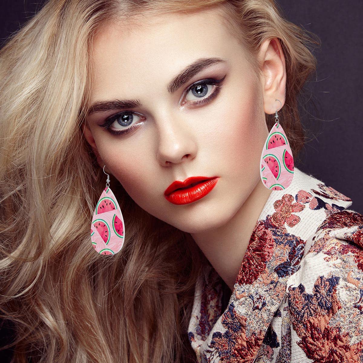 Zokola Watermelon Leather Drop Earrings Set - Pink Marble Fruity Dangle Earrings for Women | Lightweight Teardrop Wedding Jewelry | Perfect for Bridal Shower, Summer Parties & Casual Outfits