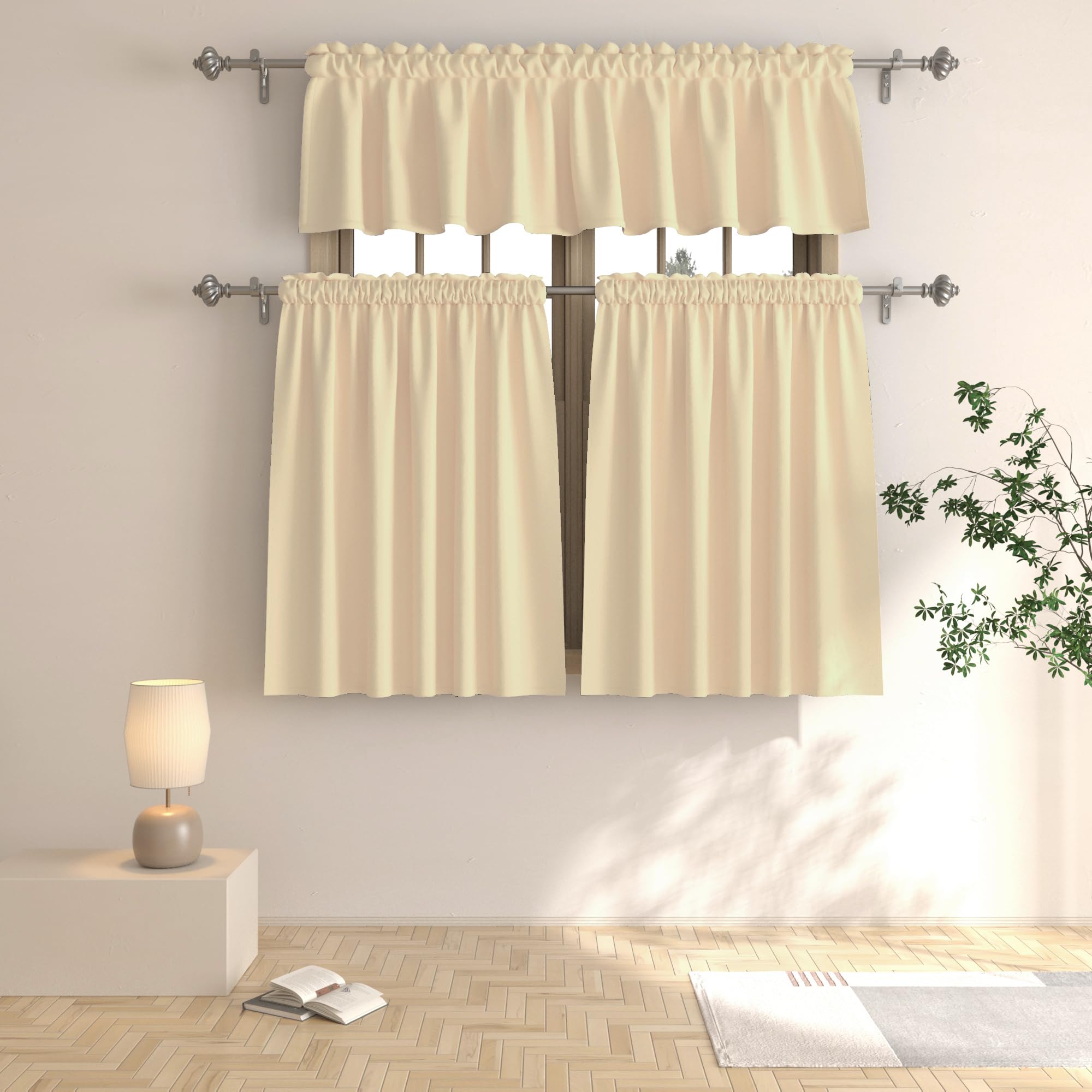 Beige Tier Curtains 24 Inch - Blackout Kitchen Window Curtains for Sink, Bathroom & Basement - Short Cafe Curtains with Rod Pocket, Set of 2 Panels - Perfect for Small Windows, Half Window Treatments & Cozy Home Decor