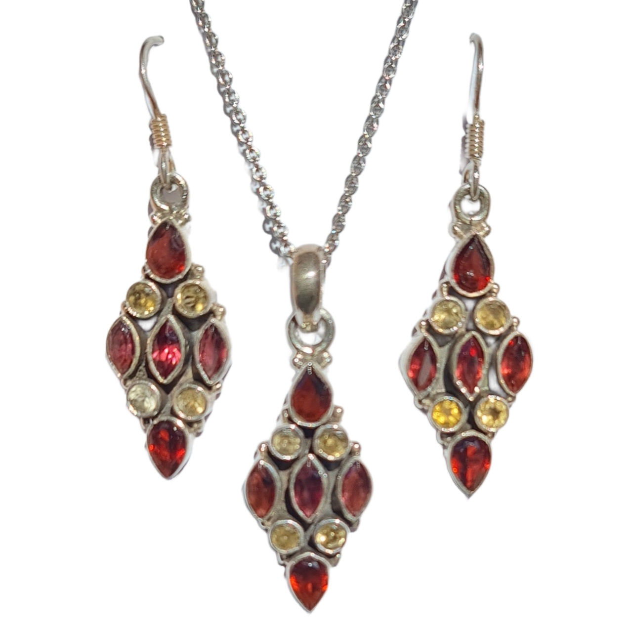 Vintage Garnet and Citrine Jewelry Set - Handmade Bohemian Gemstone Necklace & Earrings for Women - Perfect for Boho Chic, Wedding, and Party Outfits