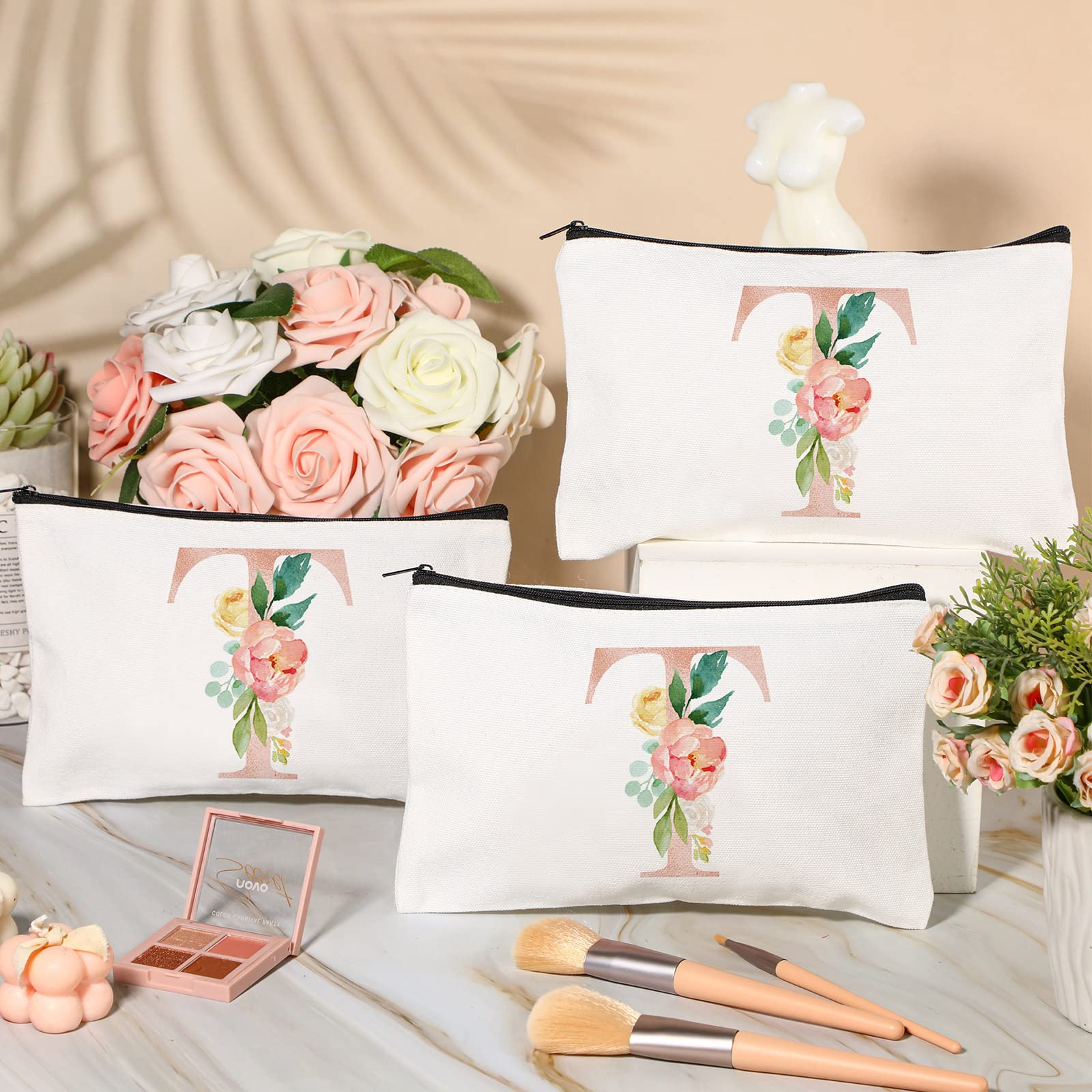 3-Piece Floral Monogram Makeup Bag Set - Personalized Cosmetic Pouch for Women, Brides, Teachers - 9x6 Inch Canvas Travel Organizer - Perfect for Weddings, Bridal Showers, Mother's Day & Birthday Gifts (T Style) - Ideal for Travel, Daily Use & Special Occasions