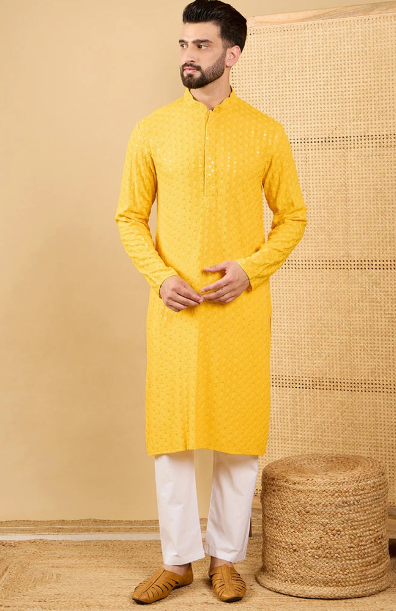 Men's Yellow Embroidered Chikankari Kurta - Traditional Indian Cotton Tunic for Casual Wear & Festive Occasions
