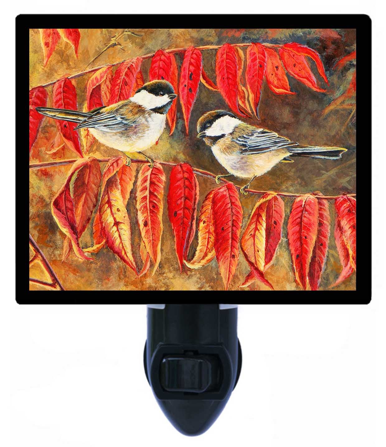 Crimson Red Night Light with Chickadees - Fall & Autumn Themed Bird Decor for Bedroom, Nursery, or Living Room
