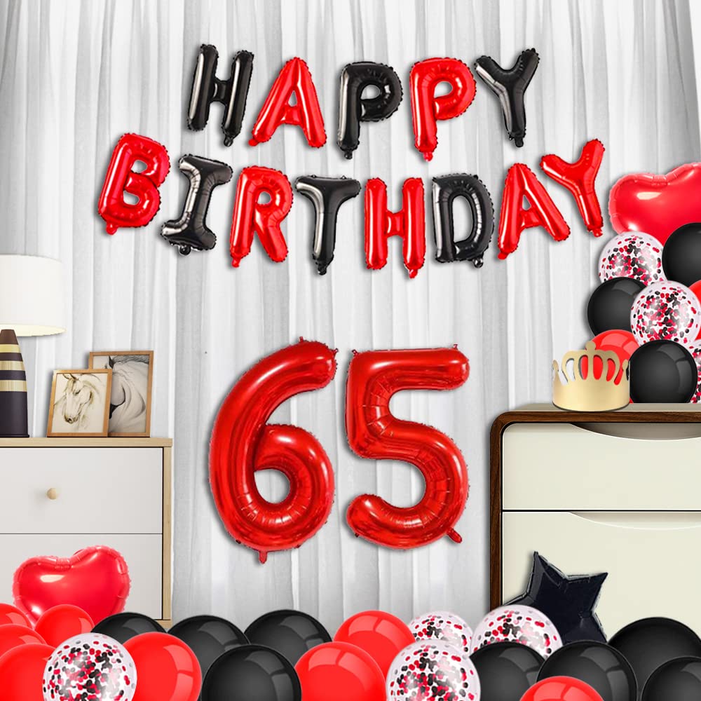 65th Birthday Party Decorations Set - Red & Black Happy Birthday Banner, Number 65 Balloons, Sash with Latex & Confetti Balloons for Women's Milestone Celebration - Perfect for 65 or 56 Year Old Birthday Parties, Retirement Celebrations & Anniversary Events
