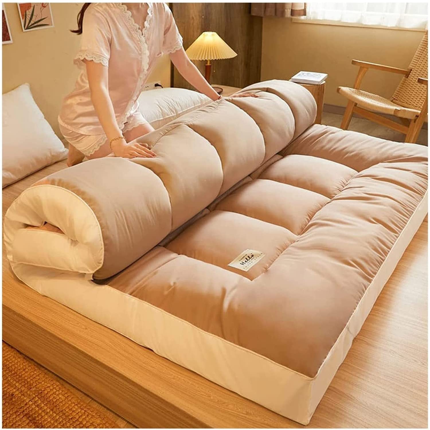OMKUOSYA Japanese Futon Mattress - 8cm Thick Quilted Tatami Floor Mat, Roll Up Camping Sleeping Pad & Foldable Mattress Topper (180x200cm, Khaki) - Perfect for Guest Beds, Floor Sleeping & Outdoor Camping