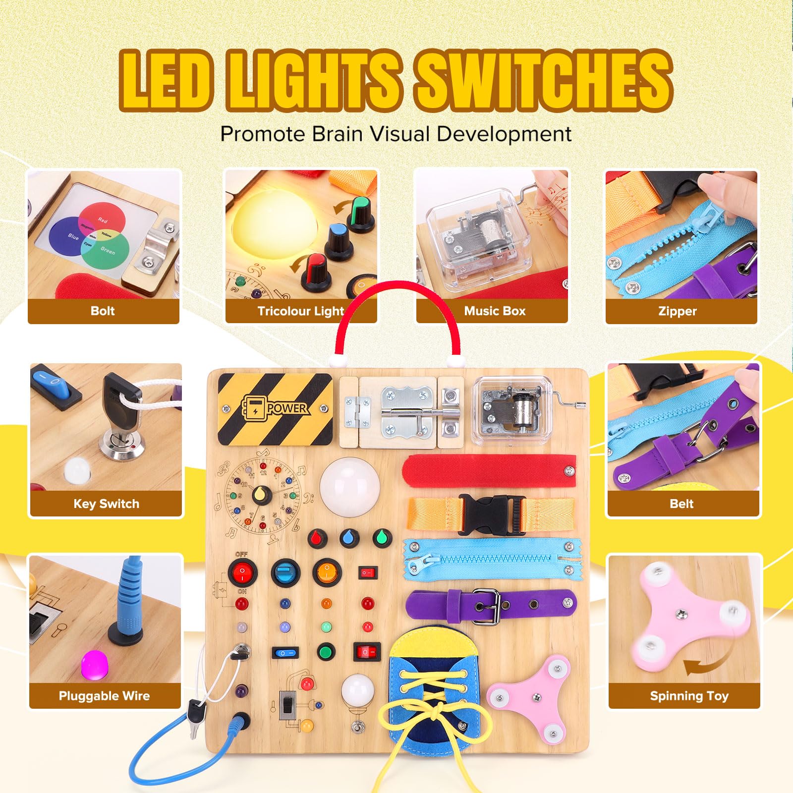 23-in-1 Montessori Busy Board - Wooden Sensory Learning Toy for Toddlers 1-3 Years Old with 15 Switches, 26 LED Lights, Music Box & Locks - Educational Activity Board for Fine Motor Skills Development - Perfect for Travel, Daycare & Autism Therapy
